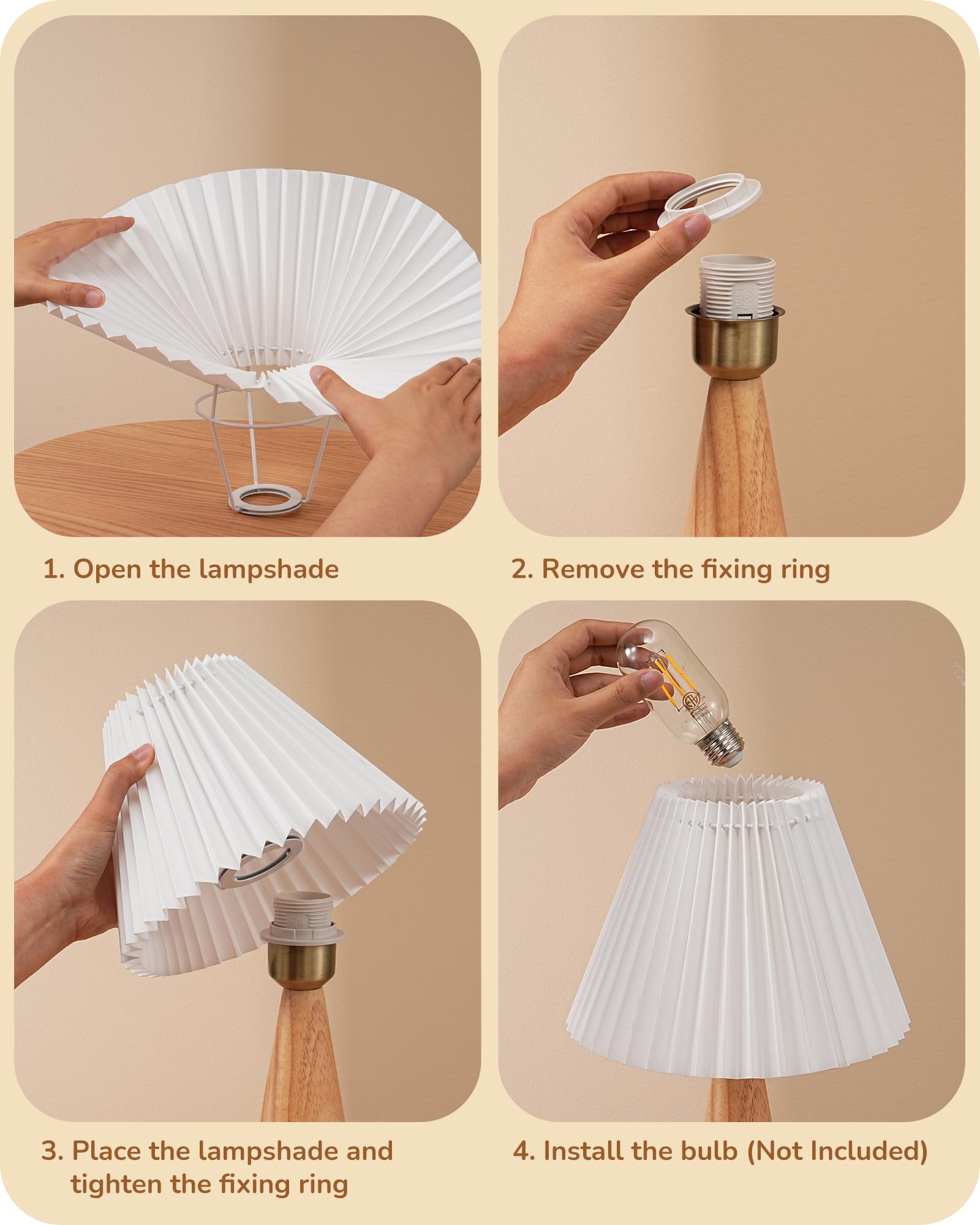 EDISHINE Small Table Lamp, Wooden Base, White Pleated Shade, Space-Saving Design, Burlywood Color, E26, ON-Off Button