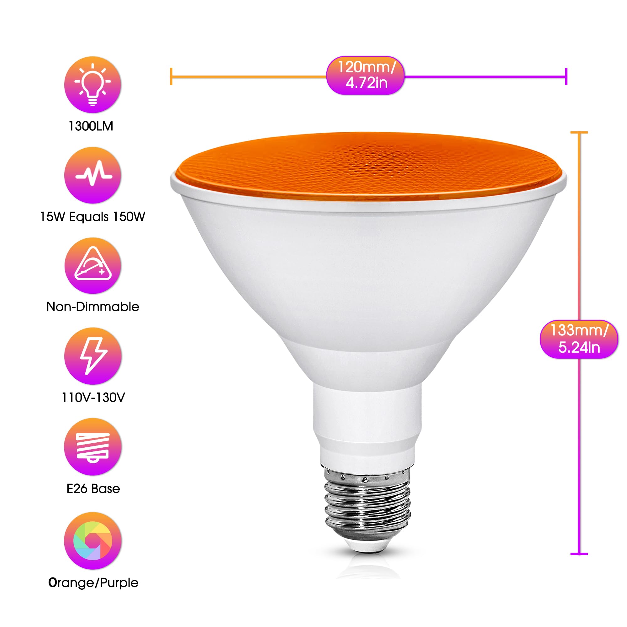 Orange Purple Halloween Light Bulb  15W(150W Equivalent) Led Par38 Flood Lights Outdoor E26 Base Colored Led Bulbs For Halloween  Christmas Decorations  Party Holiday Lighting  No-Dimmable  2 Pack
