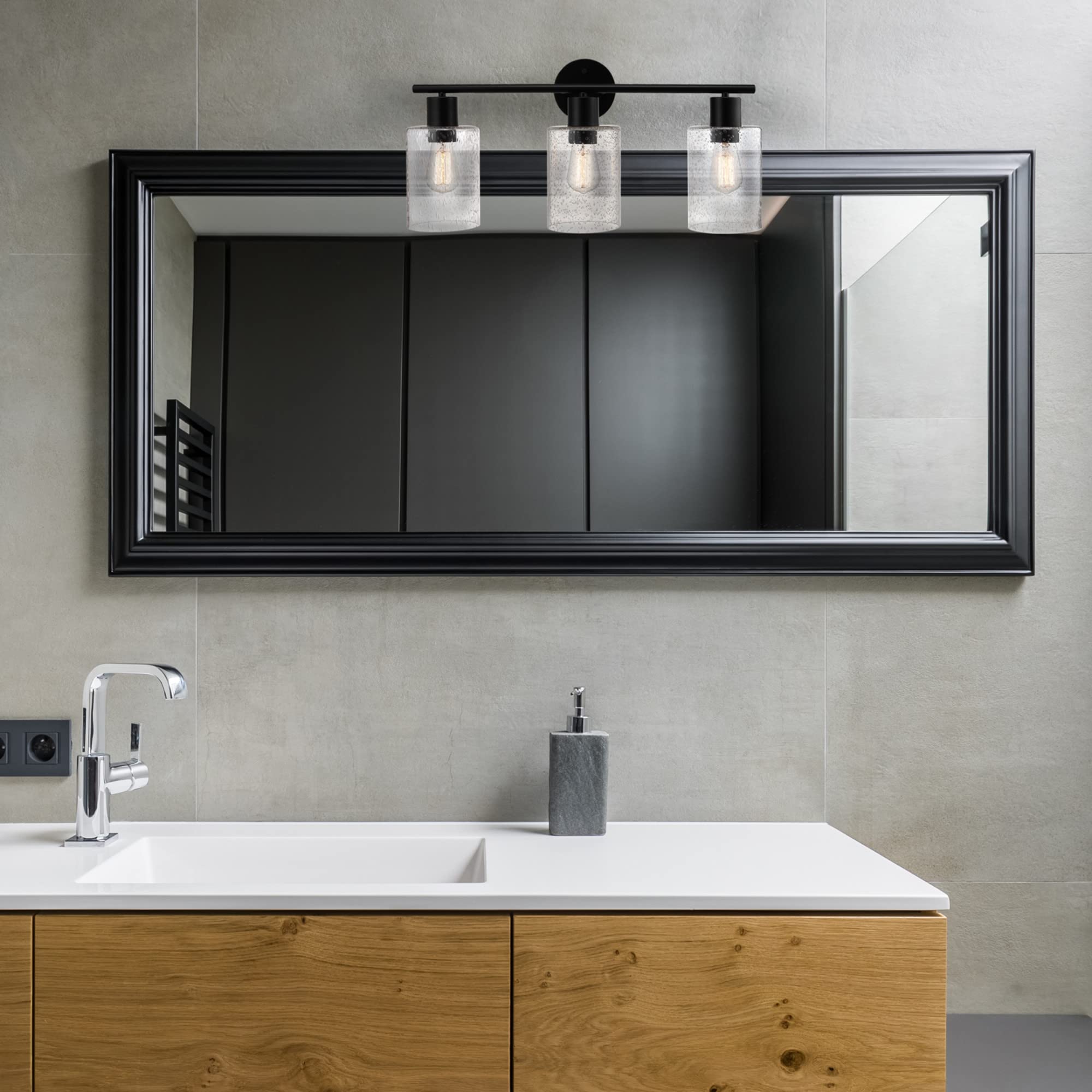 Globe Electric 51851 Bristol 5-Piece All-In-One Bathroom Set, Matte Black, 3-Light Vanity Light With Seeded Glass Shades, Towel