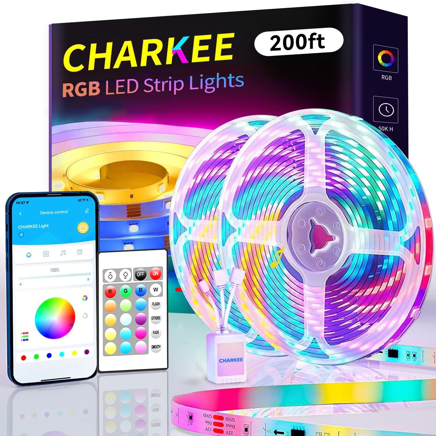 CHARKEE LED Strip Lights 200ft (3 Rolls of 65.6ft). 24V 5050 Ultra Long Super Bright Smart Light Strips with APP Control. 44keys