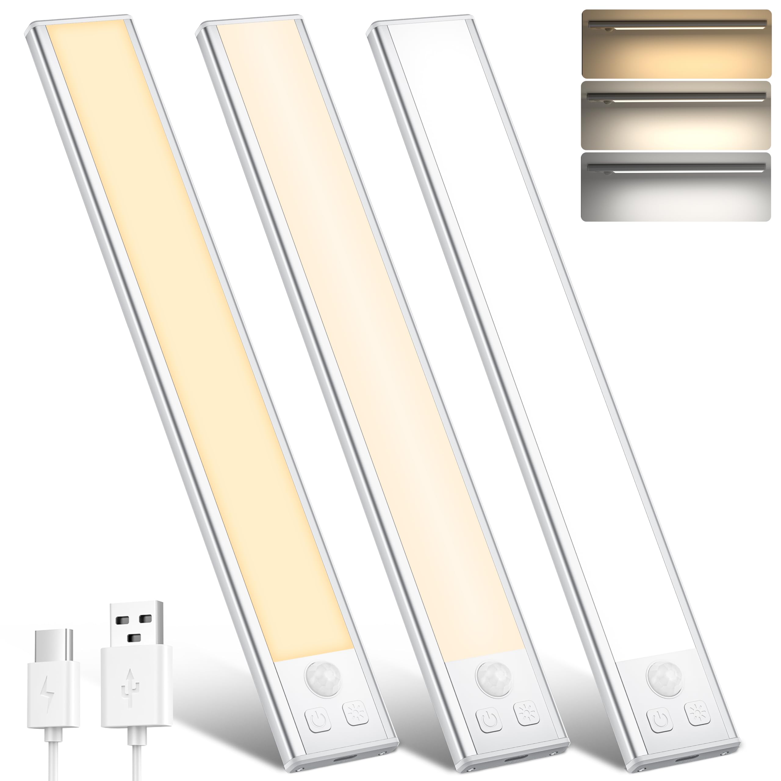 Under Cabinet Lights Motion Sensor 3 Color Temperatures LED Closet Light, USB-C Rechargeable Under Counter Lights Night Light fo