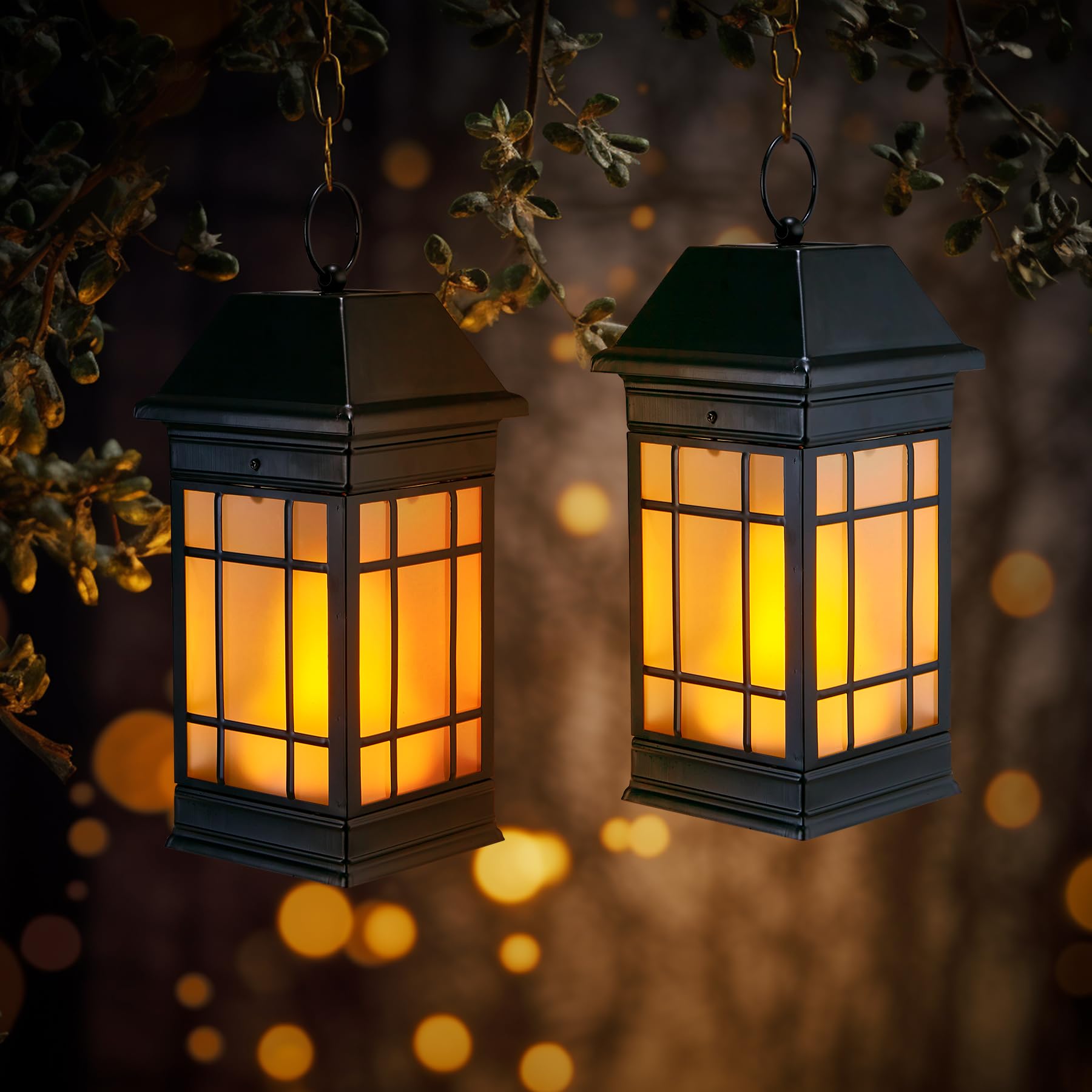 anyperfect 14" Solar Lantern - Waterproof Glass Flickering Flame - Black02 - Model DL02B - Hanging Decorative Light for Patio & Garden