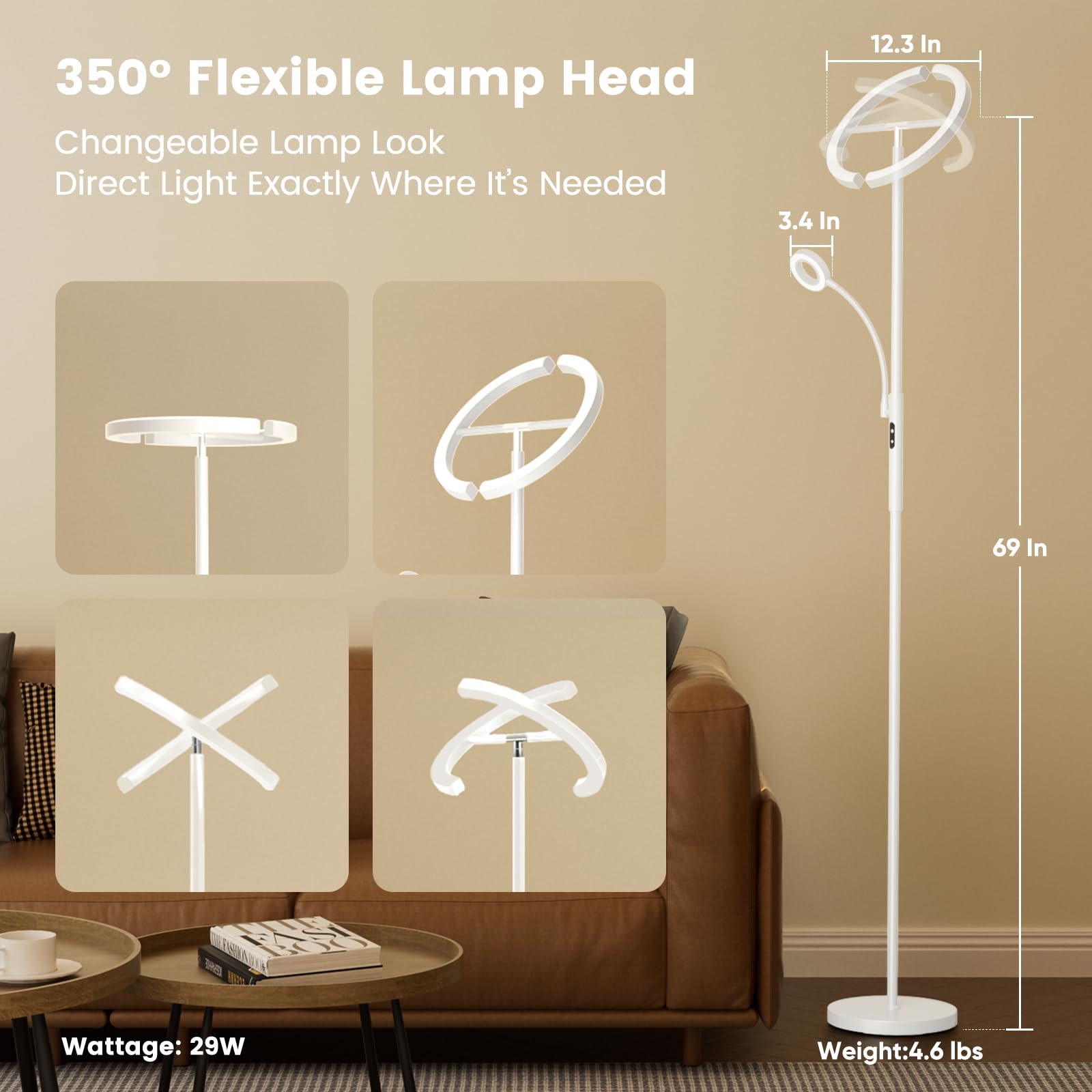 SIBRILLE White LED Floor Lamp - Dimmable, 68.89" Tall, Remote & Touch Control, Modern Design for Living Room & Bedroom, Model MF18813