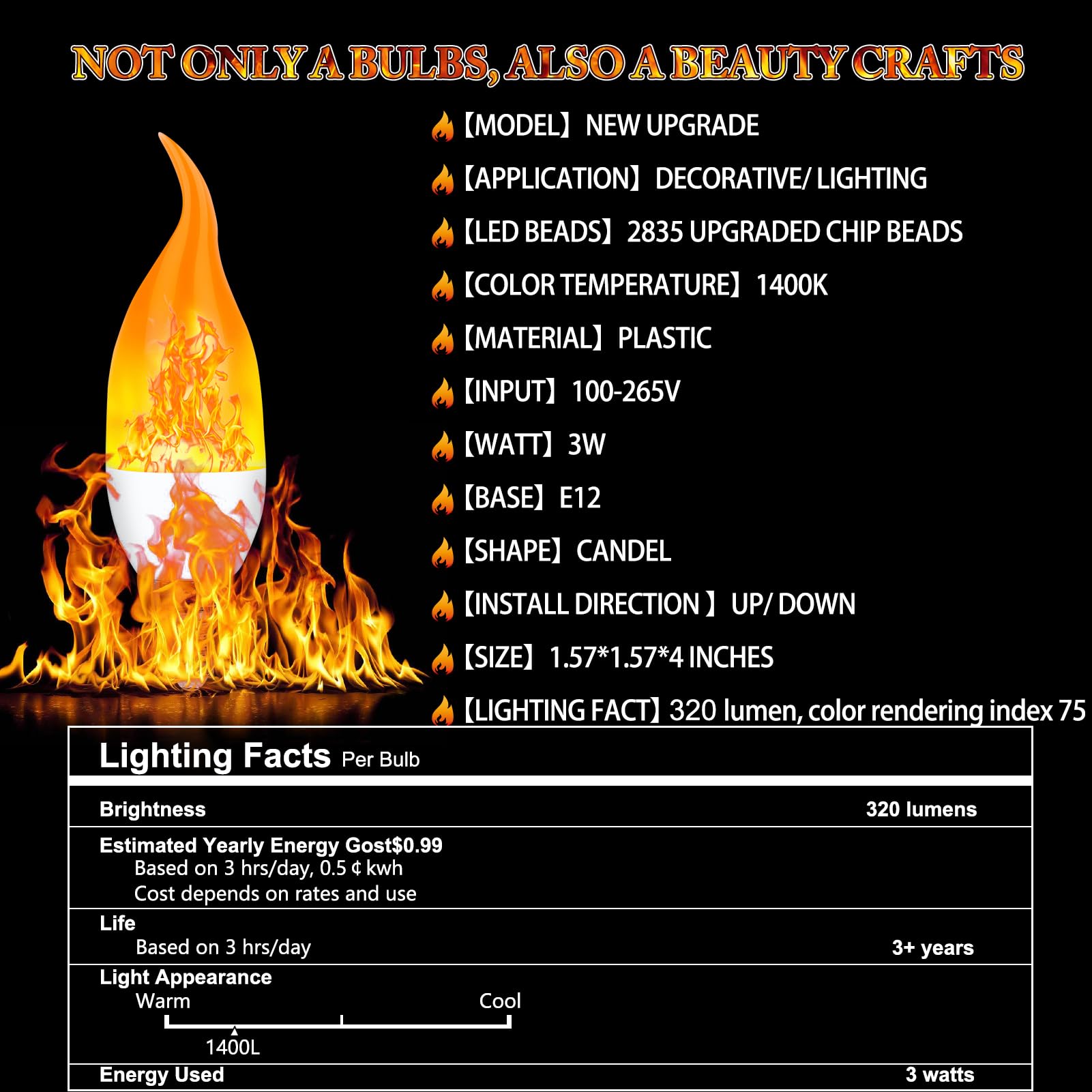 Kestnsee E12 LED Flickering Candelabra Bulbs - 3W, 1400K Flame Effect Lights for Halloween & Xmas (8 Pack)
