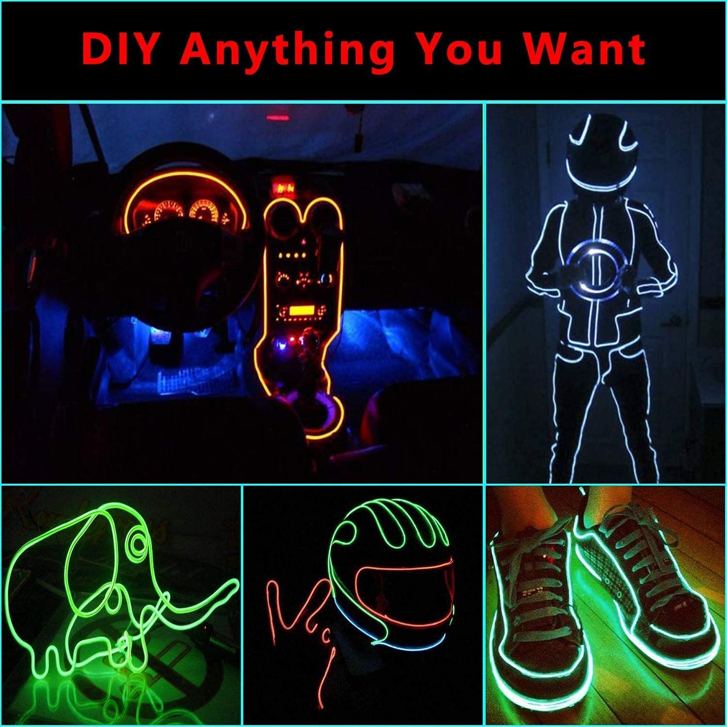Jiguoor Usb Rechargeable El Wire 32.8Ft/10M (5Mx2) Bright Neon Light Strip 360° Illumination Neon Tube Rope Lights For Diy, Festival, Party Decoration, Halloween, Chrismas (32.8Ft/10M, Red)