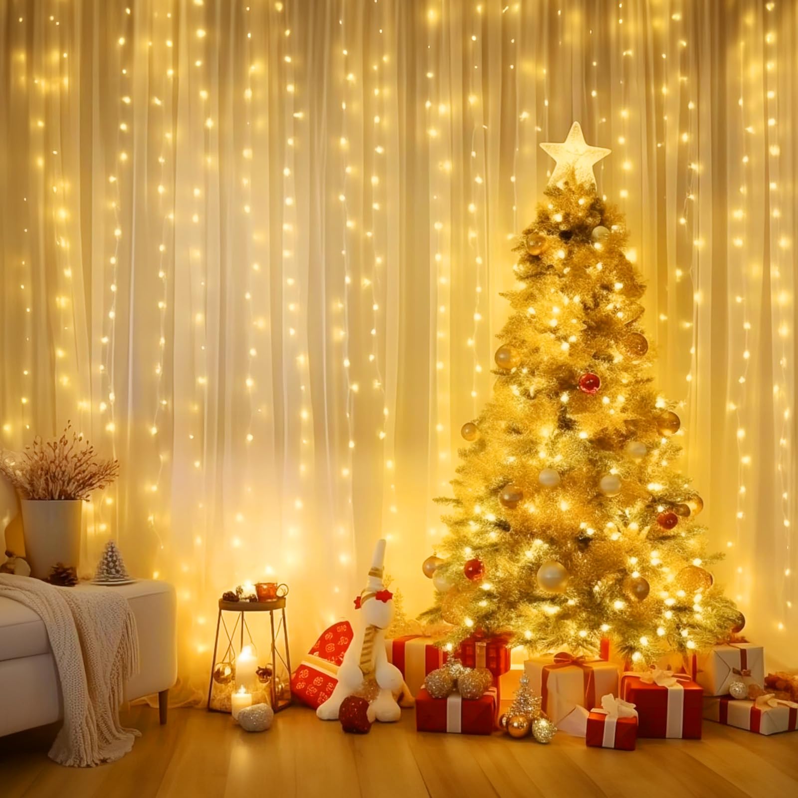 Minetom Curtain Lights, 300 LED Fairy Lights, USB Powered, Dimmable, 8 Modes, 1 Pack, Warm White, Model JY21CUR300A01