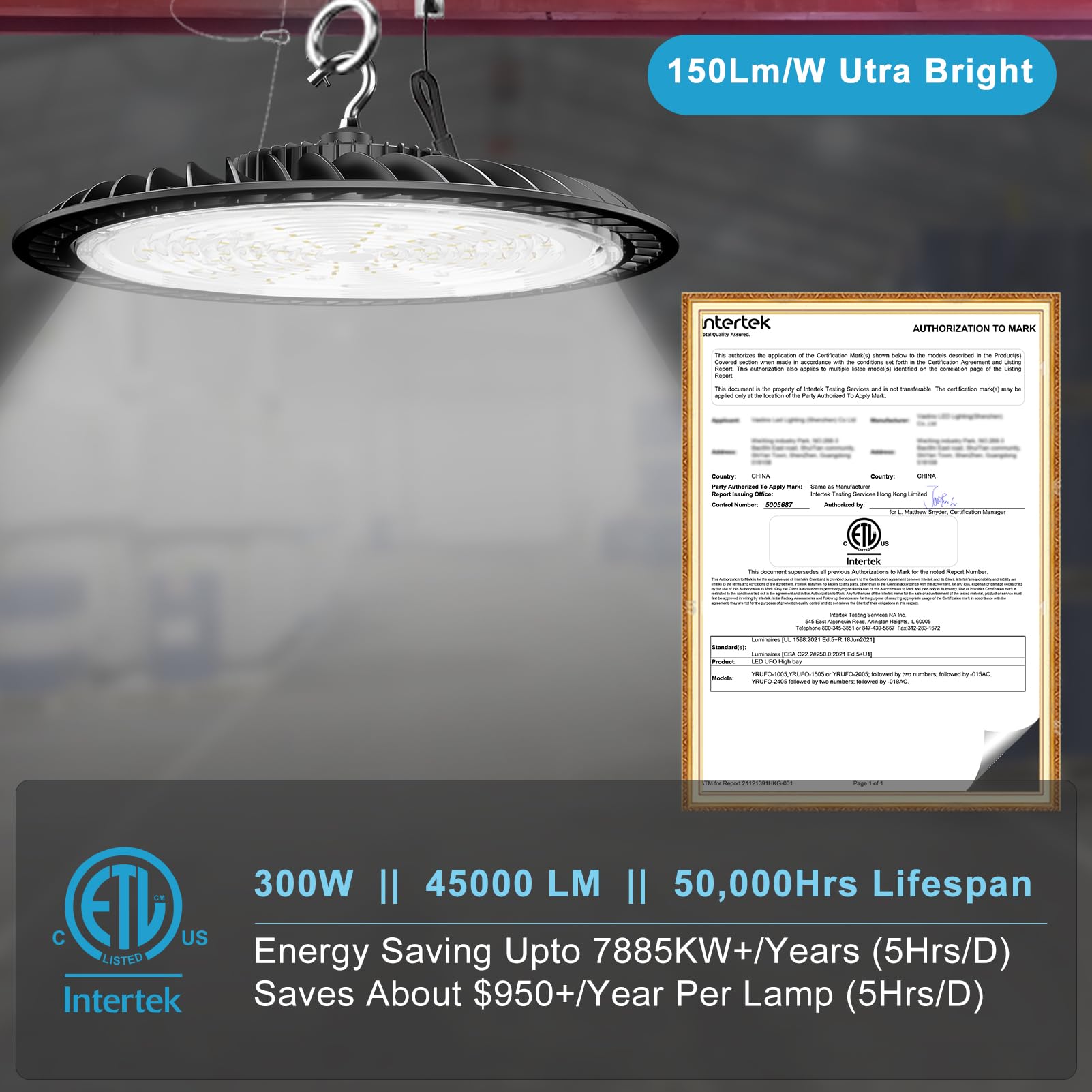 Lightdot 300W Ufo Led High Bay Light 5000K 45000Lm High Bay Led Light, Etl Listed Led Bay Light For Commercial Lighting-6Pack(Co