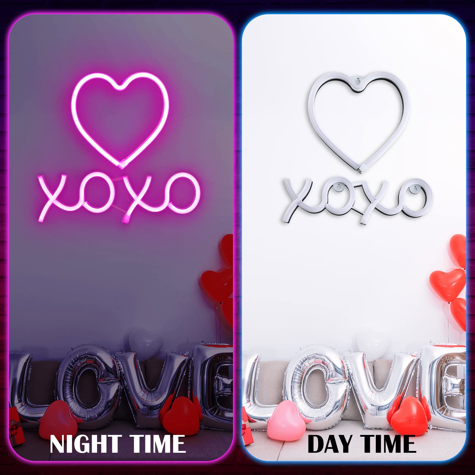 Amylove 2 Pcs Pink Heart and XOXO Neon Sign Valentines Decoration LED Neon Lights, LED Wall Decor Light up for Girl Home Bedroom