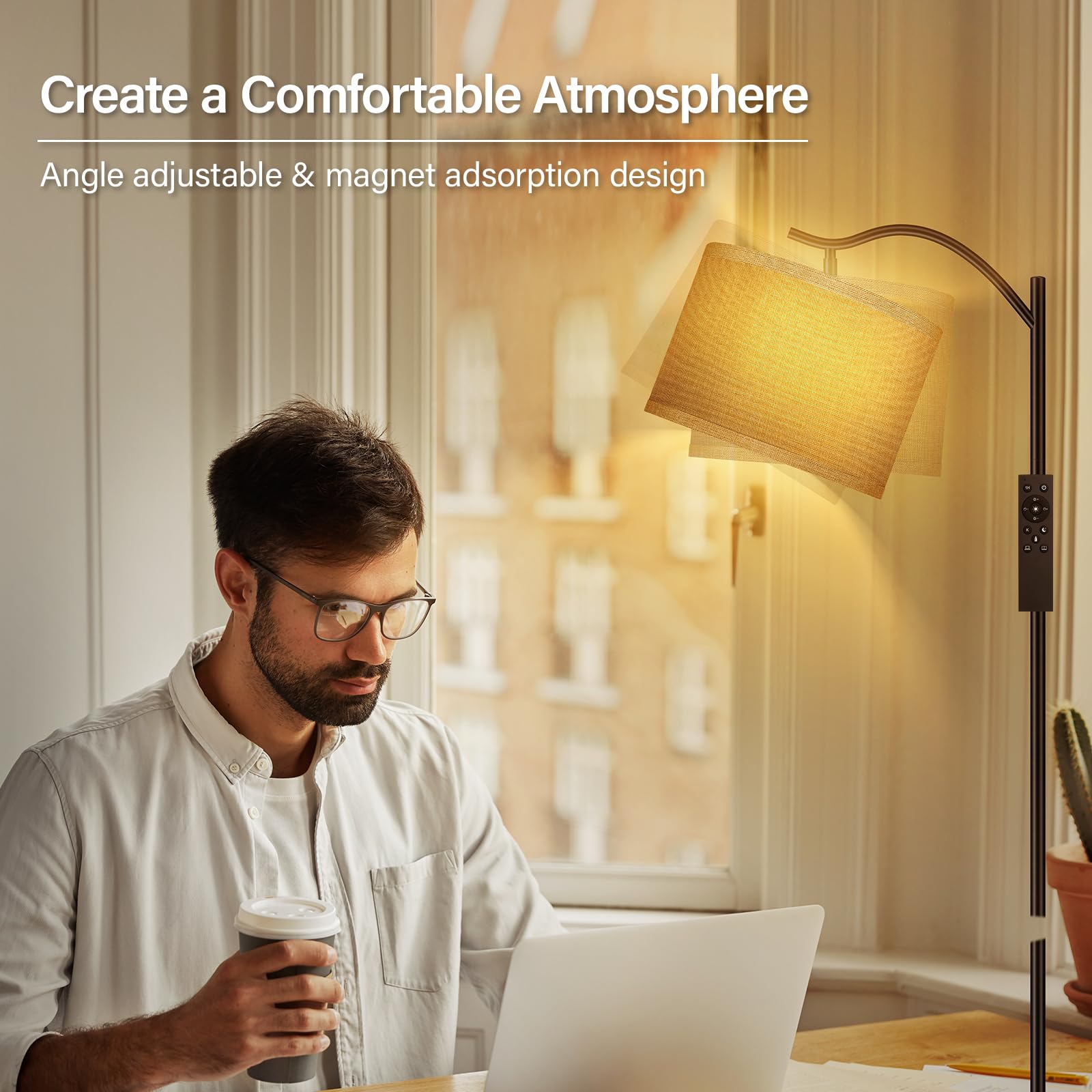 BoostArea Arc Floor Lamp, Remote Control, Stepless Dimmable 2700K-6500K, Metal, Jute, Model B1369