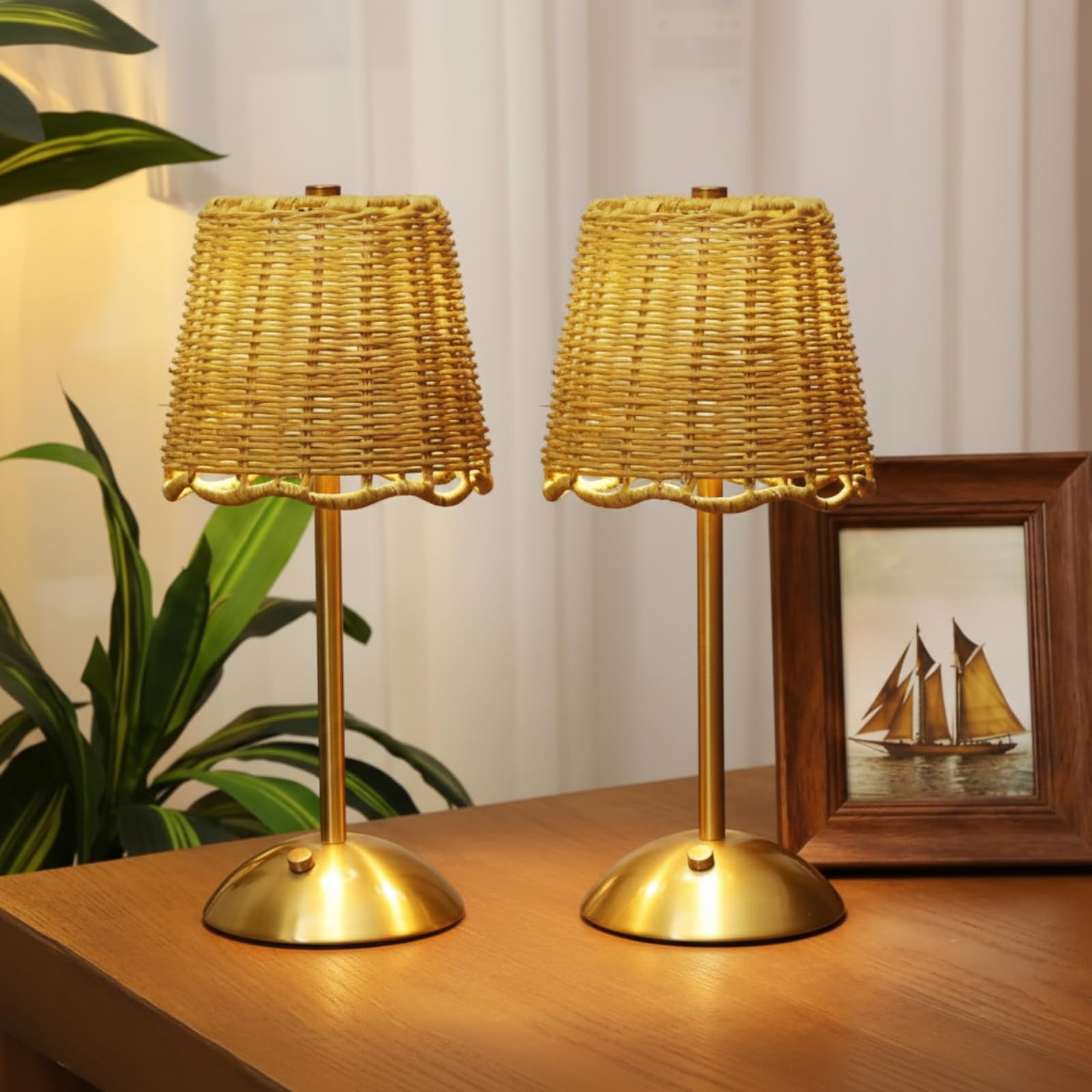 Pickmesh 2 Pack Rattan Table Lamp Woven Boho Table Lamp with Gold Tone Base Wicker Night Light Cordless LED Desk Lamps for Livin