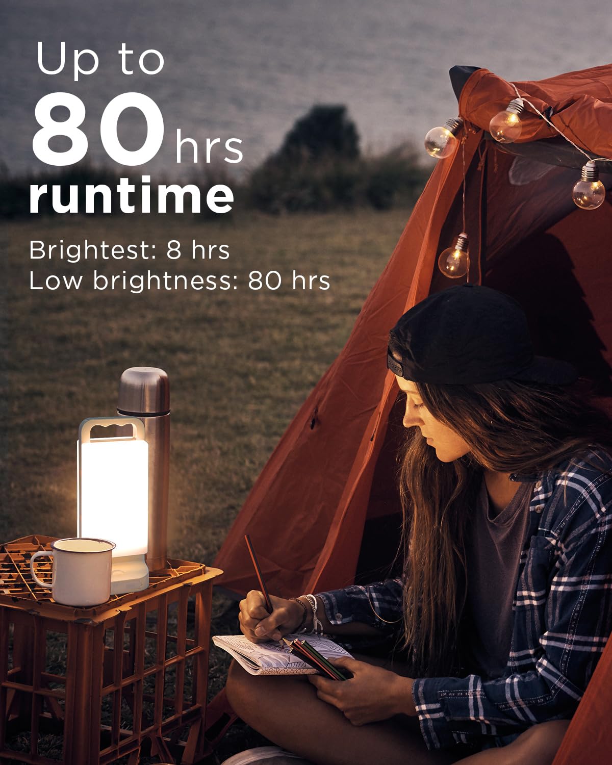 Solar Camping Lantern 6000mAh 2 Pack, USB Rechargeable Camping Light & Power Supply, Dimmable LED Night Lamp with Up to 80Hrs Ru