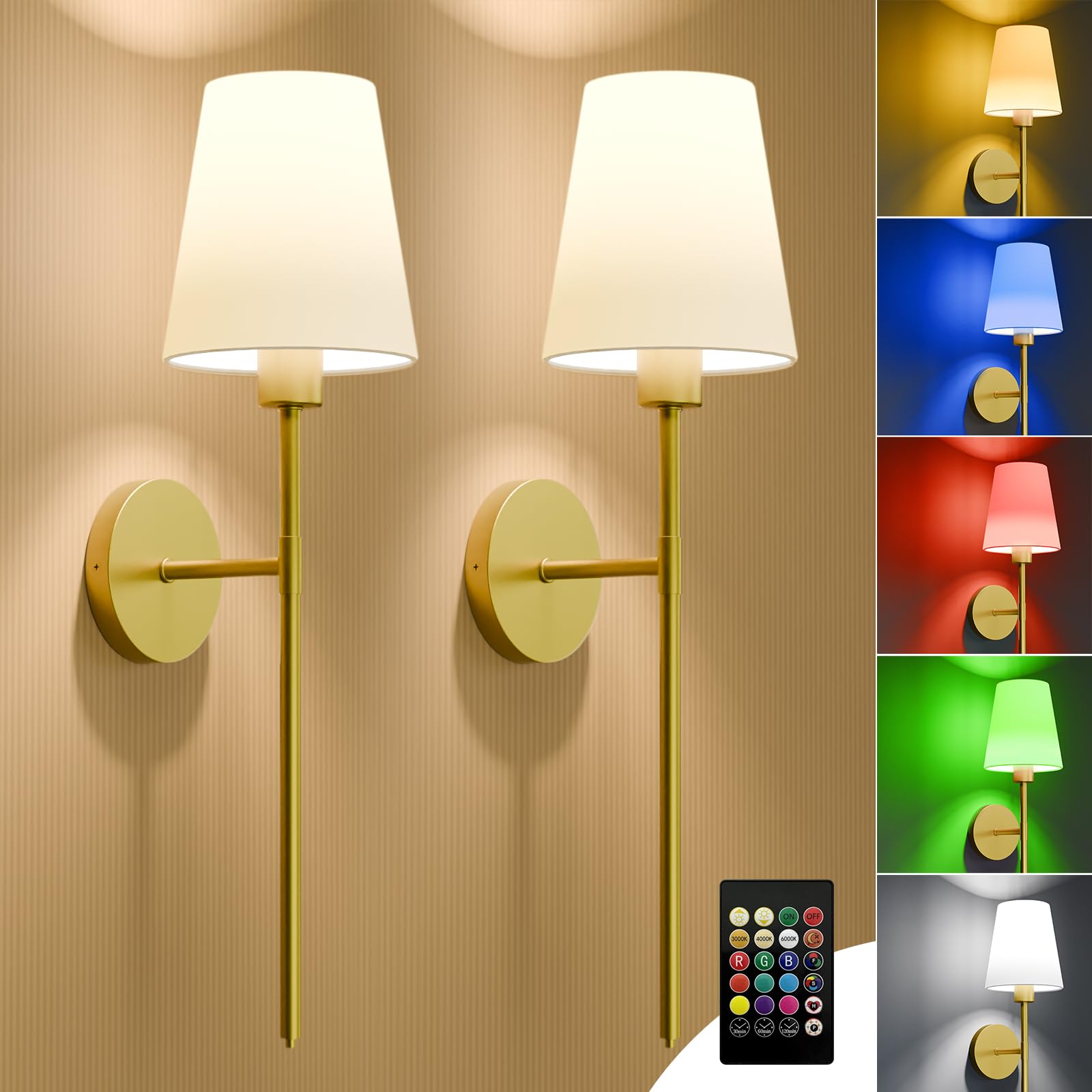 Lightania Battery Operated Wall Sconce Set Of 2, Gold Rechargeable Wall Lights With 5200Mah Dimmable Bulbs And Remote, 12 Color