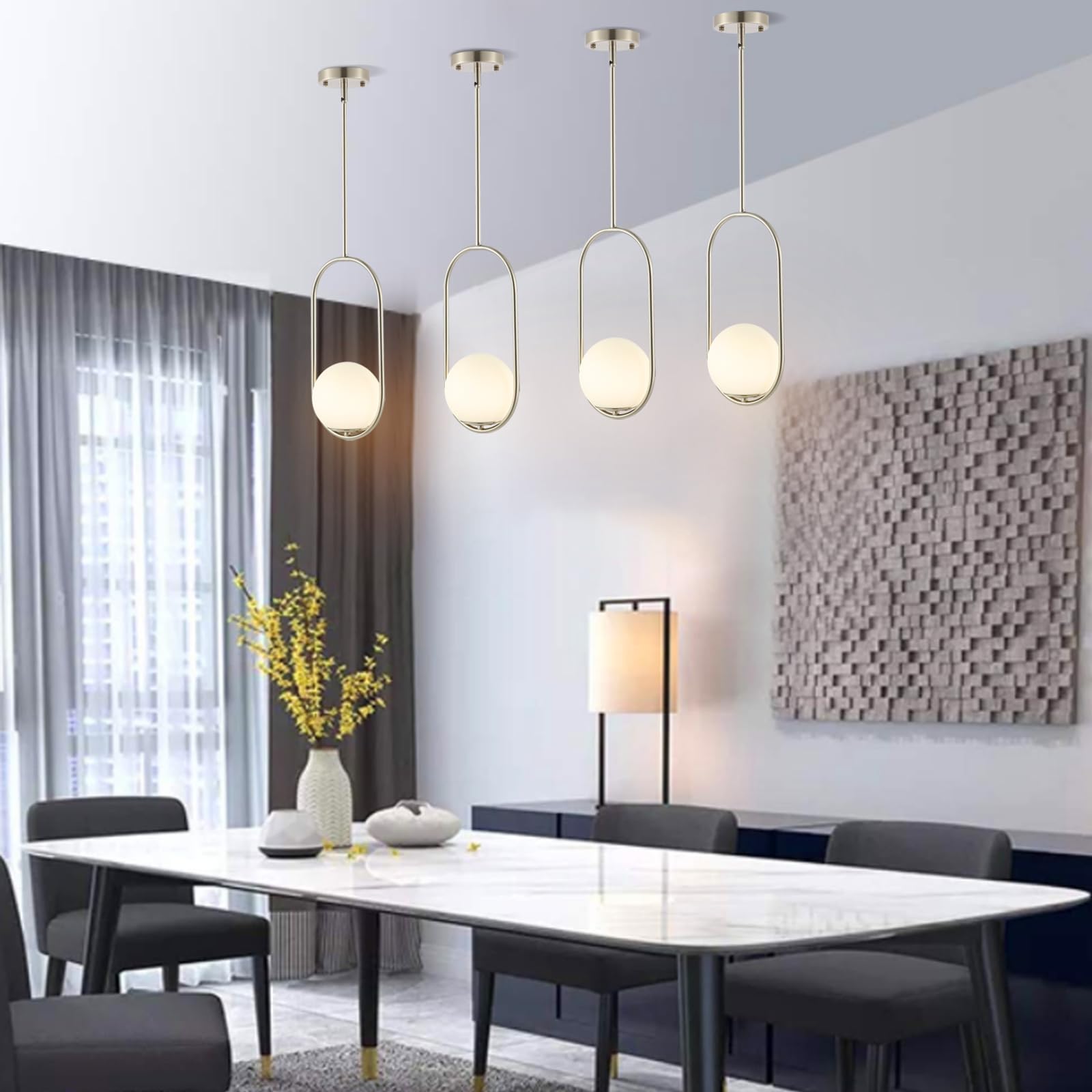Byoliima Modern Globe Pendant Light Brushed Nickel Chandelier 1-Light Mid Century Ceiling Hanging Lighting Fixture White Globe Glass Shades For Kitchen Island Dining Room Bedroom