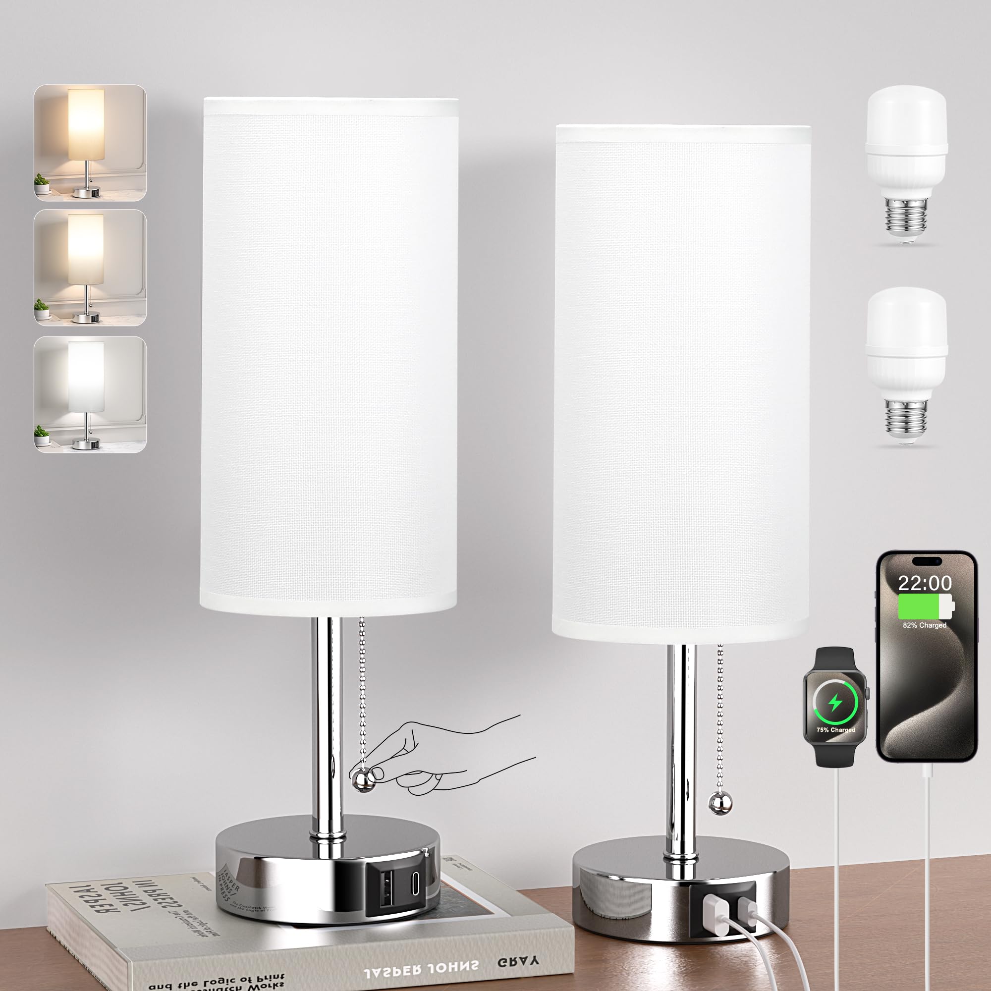 White Bedside Lamps For Bedroom Set Of 2 - Nightstand Lamp With Usb Charging Port, 3 Color Temperatures, Silver Base Night Stand