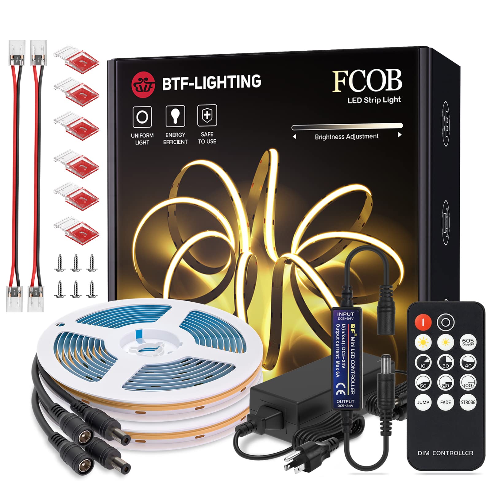 BTF-LIGHTING Flexible LED Strip Lights 24V, 2X16.4FT, Warm White 3000K, Dimmable, RF Remote, Model FOB10M24VR