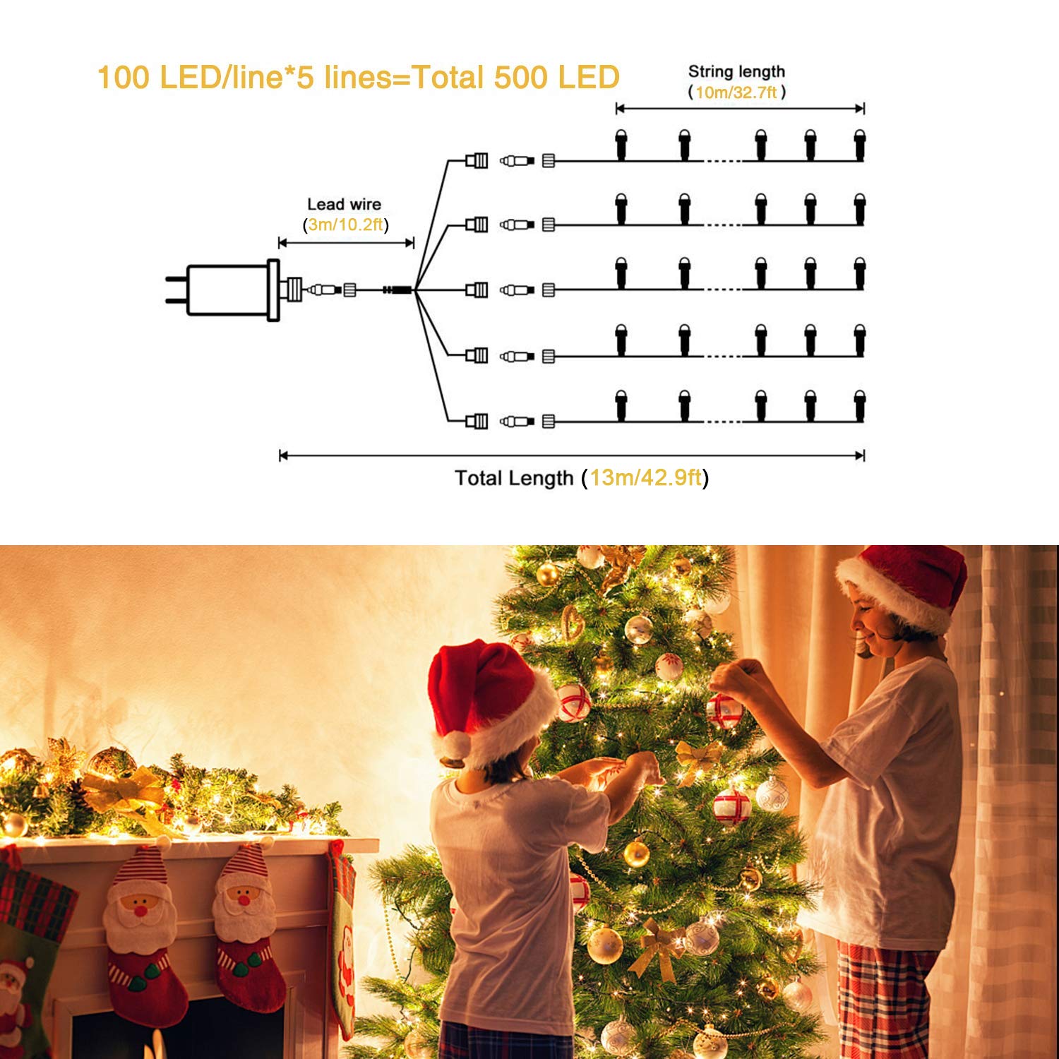 JMEXSUSS 500 LED Warm White Christmas Lights, Waterproof Green Wire, 8 Modes, Indoor/Outdoor, Model EXS-S-0500