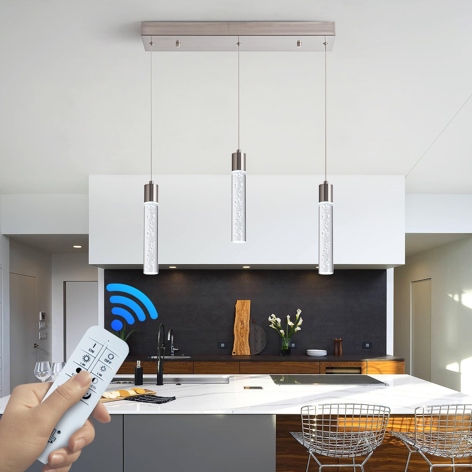 BESTWEST Modern Pendant Light - 3-Lights, Brushed Nickel, Dimmable, Adjustable Height, Model BW-02-3Z-BN24W