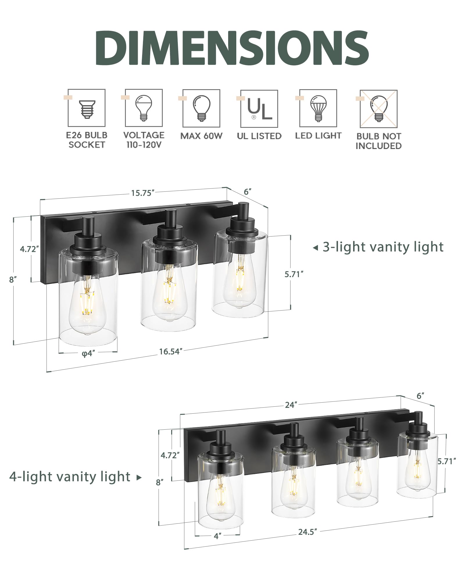 Metwet 3-Light Bathroom Light Fixtures, Black Vanity Light With Cylinder Clear Glass Shade, Modern Vanity Lighting Fixtures Over Mirror, Vl143-Mb-3