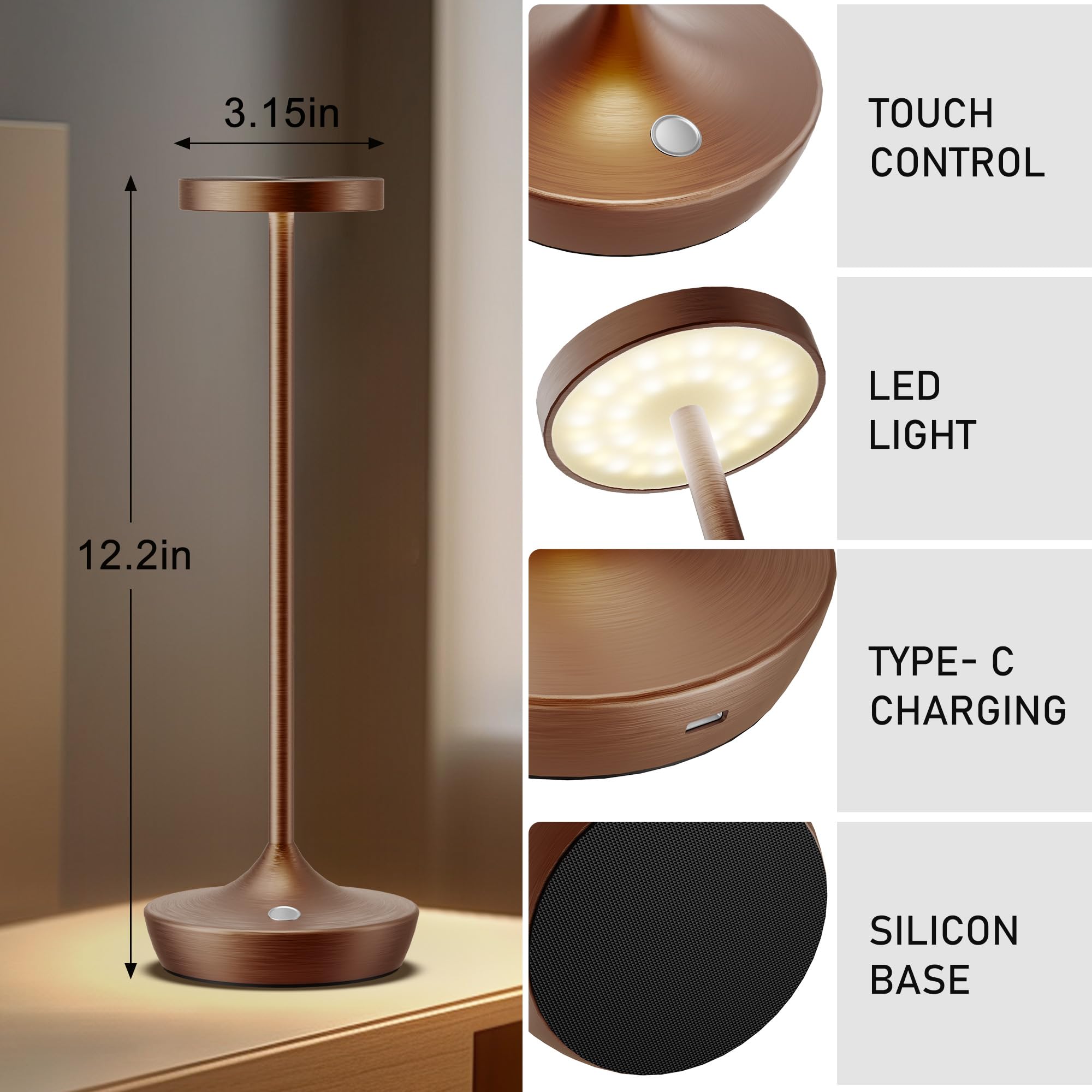 YHT Cordless LED Desk Lamp, 6000mAh Battery, Waterproof, Dimmable, Portable, Brown 2P, Model X86
