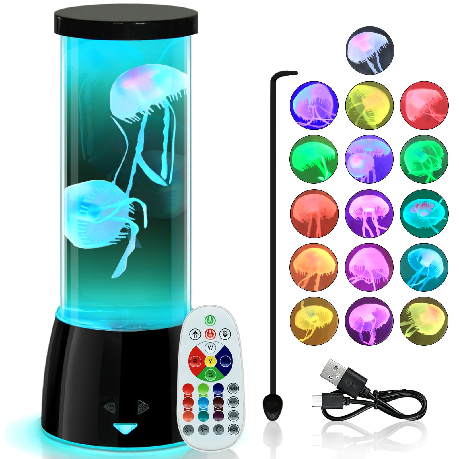 LEDHOLYT LED Jellyfish Lamp - Remote Dimmable, Color Changing Mood Light, Model JF6607, Black