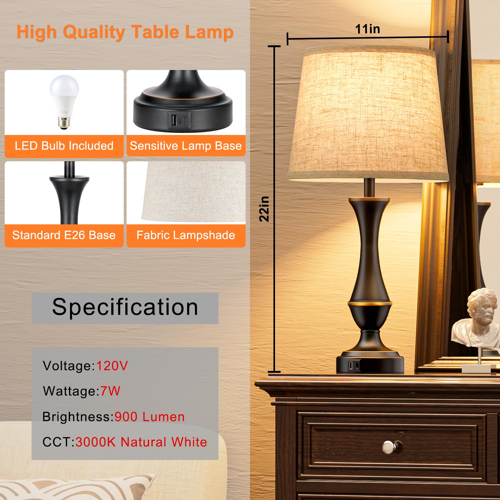 Seealle Upgraded Touch Lamps Set of 2 - 3 Way Dimmable Bedside Lamps with USB C+A, Beige Shade & Black Base