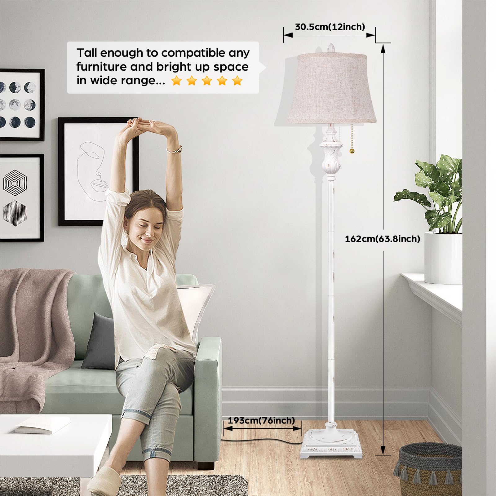 Tobusa Rustic Vintage White Floor Lamp For Living Room Bedroom, 64Inch Traditional Tall Floor Lamp With White Linen Shade, Retro