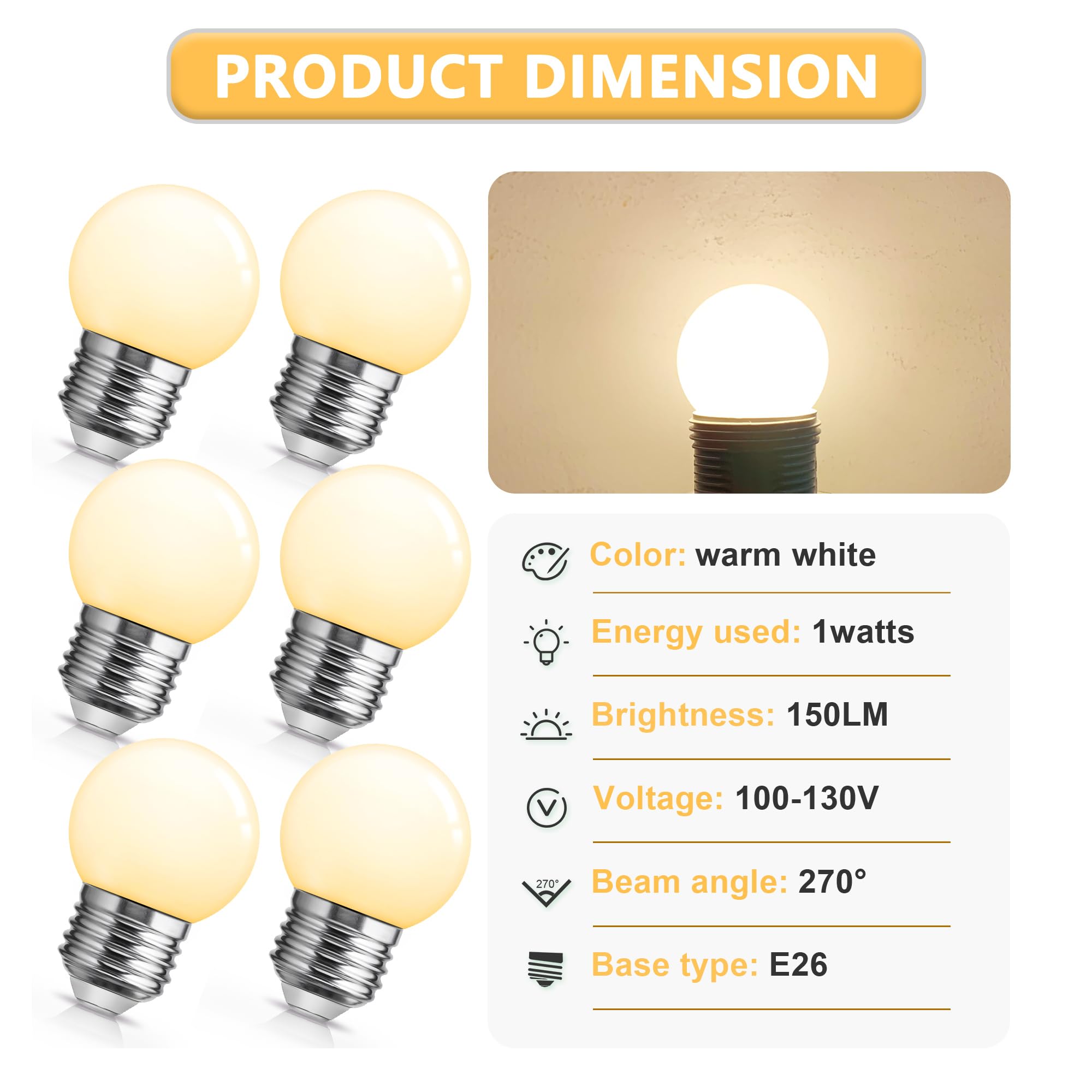 Flaspar G14 LED Globe Light Bulb, 1W Warm White 3000K, E26 Base, 15W Equivalent, 6 Pack