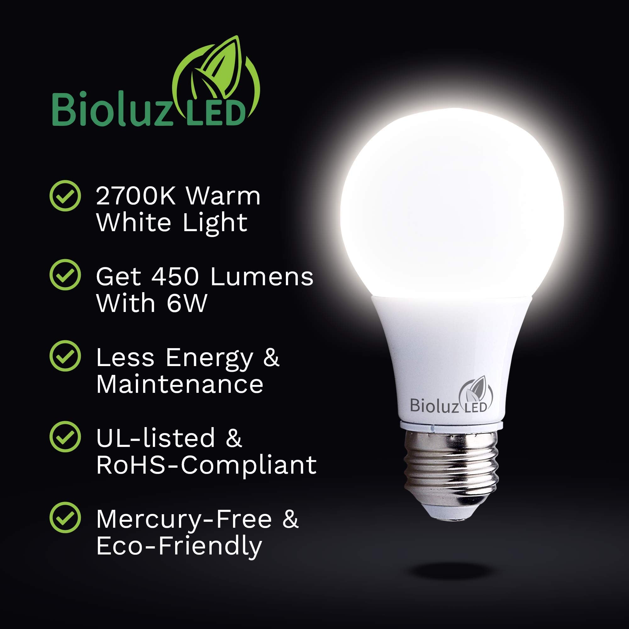 Bioluz LED A19 Light Bulbs 6W = 40W Non-Dimmable 2700K Warm White 48 Pack