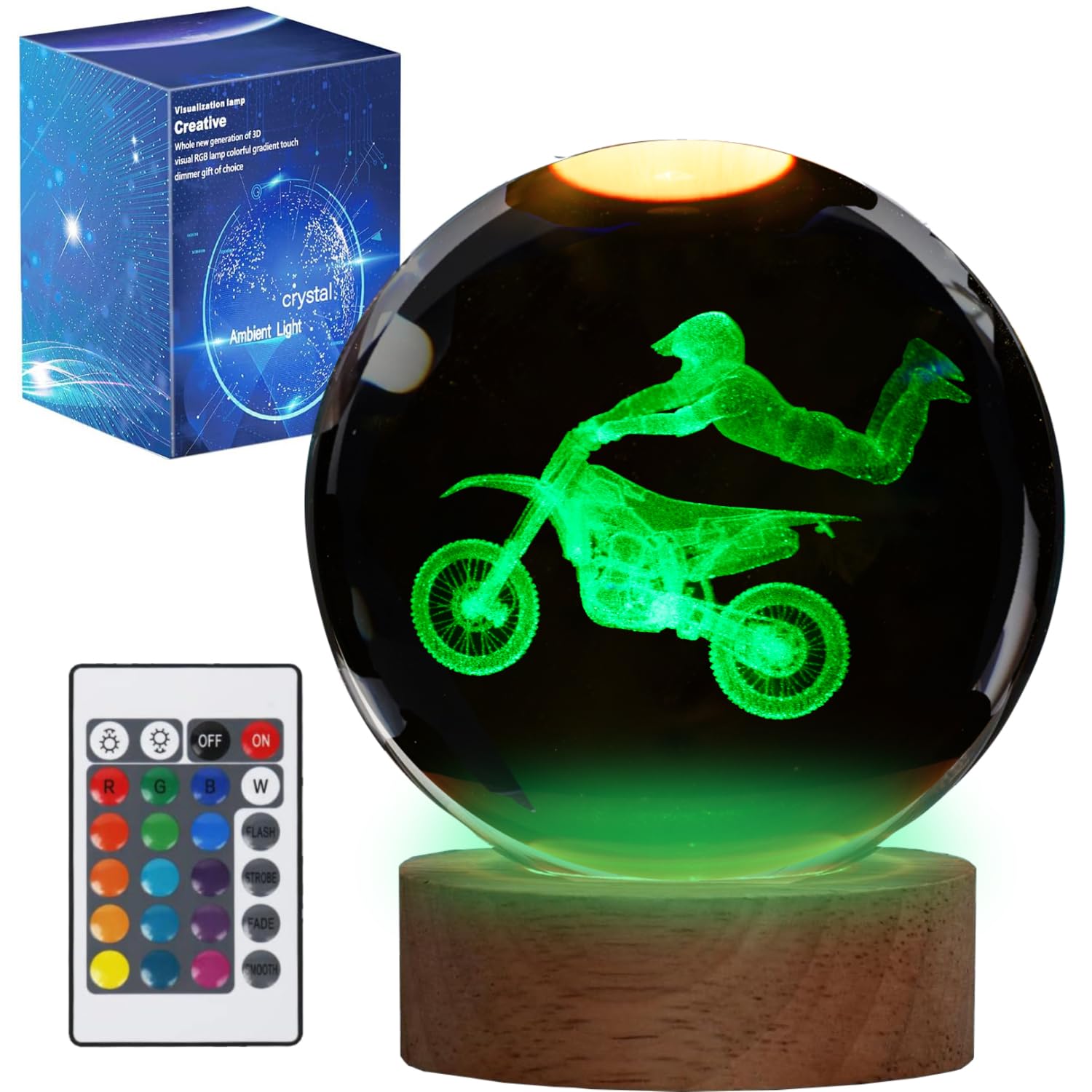 POSSHE Dirtbike Night Light, Dirtbike Gifts, 3D Crystal Ball Dirtbike Lamp with Remote Upgraded 3.15 Inch with 16 Color for Birt