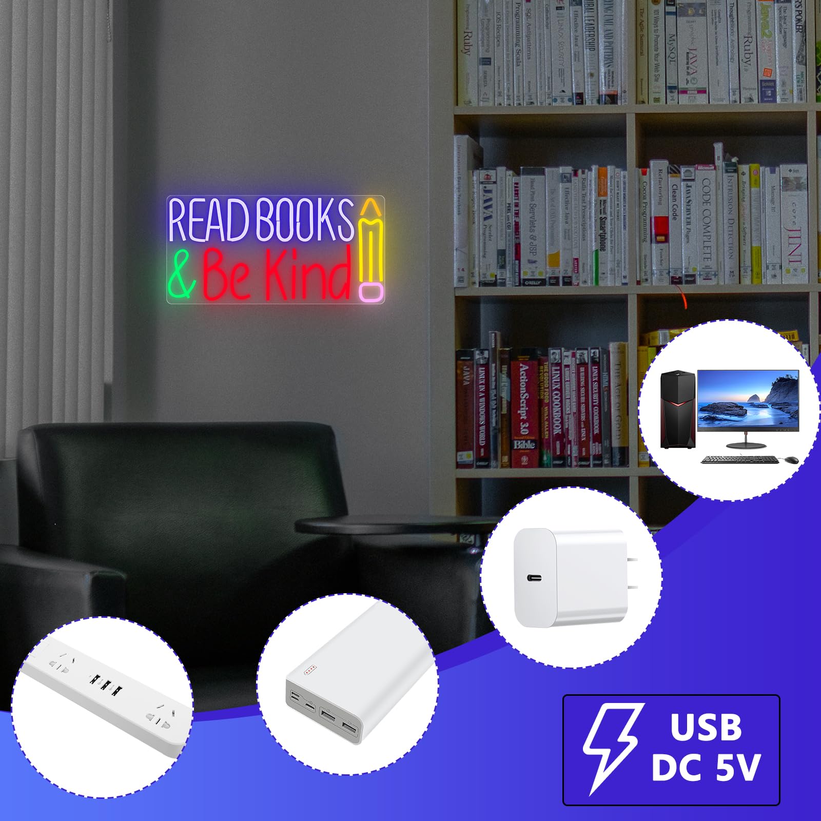 AUGELRE Neon Sign for Wall Decor, Dimmable Acrylic Light Up Sign, Blue, Reading Room/Library Decoration