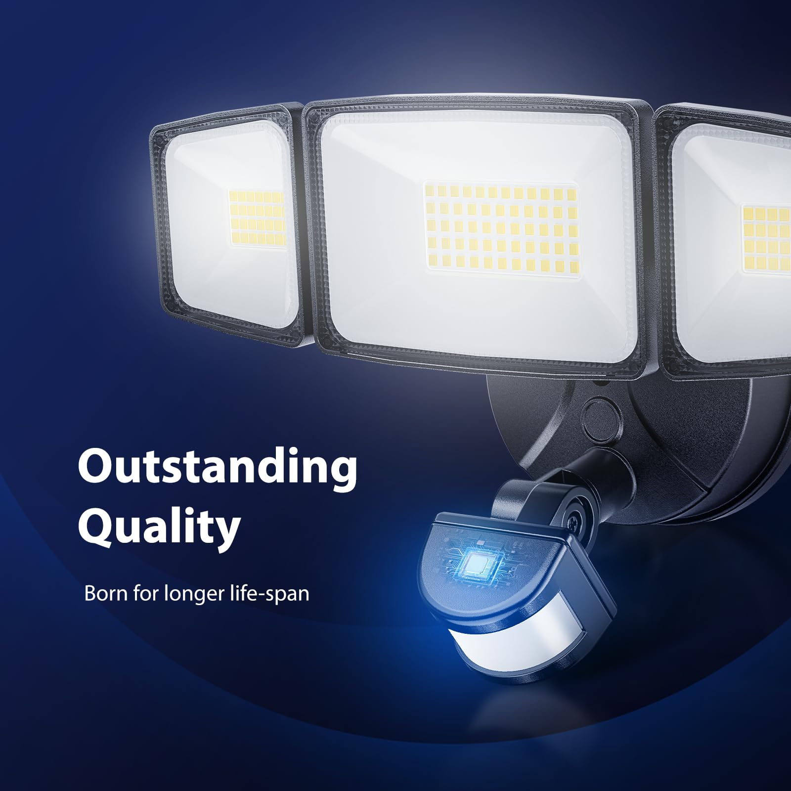 Onforu 65W LED Motion Sensor Outdoor Flood Light, 3 Adjustable Heads, 6500LM, IP65 Waterproof, Standard Size, Black, Model BDB65G-3