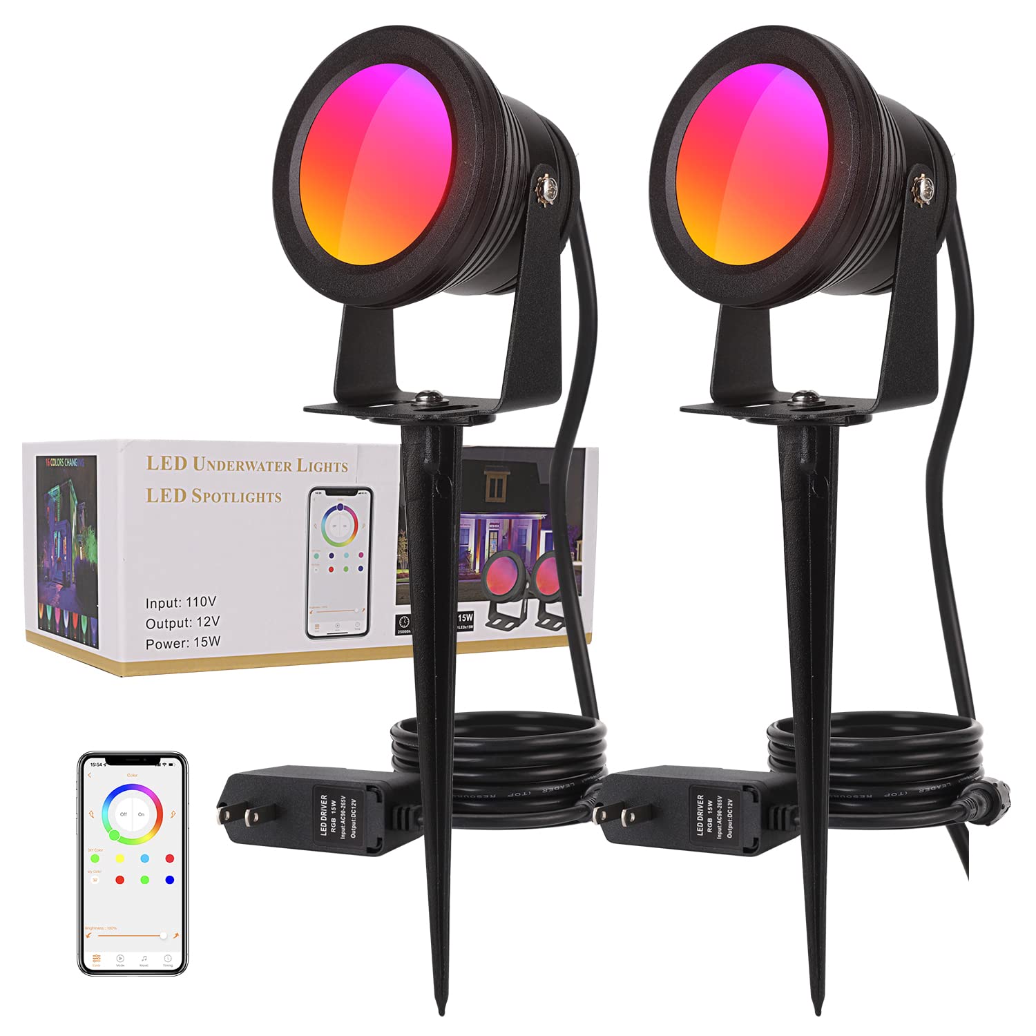 Ruicaikun Smart Outdoor Lights, 15W App Control Dimmable Spotlights, 2 Pack, Waterproof Aluminum, Music Sync, For Yard And Garden