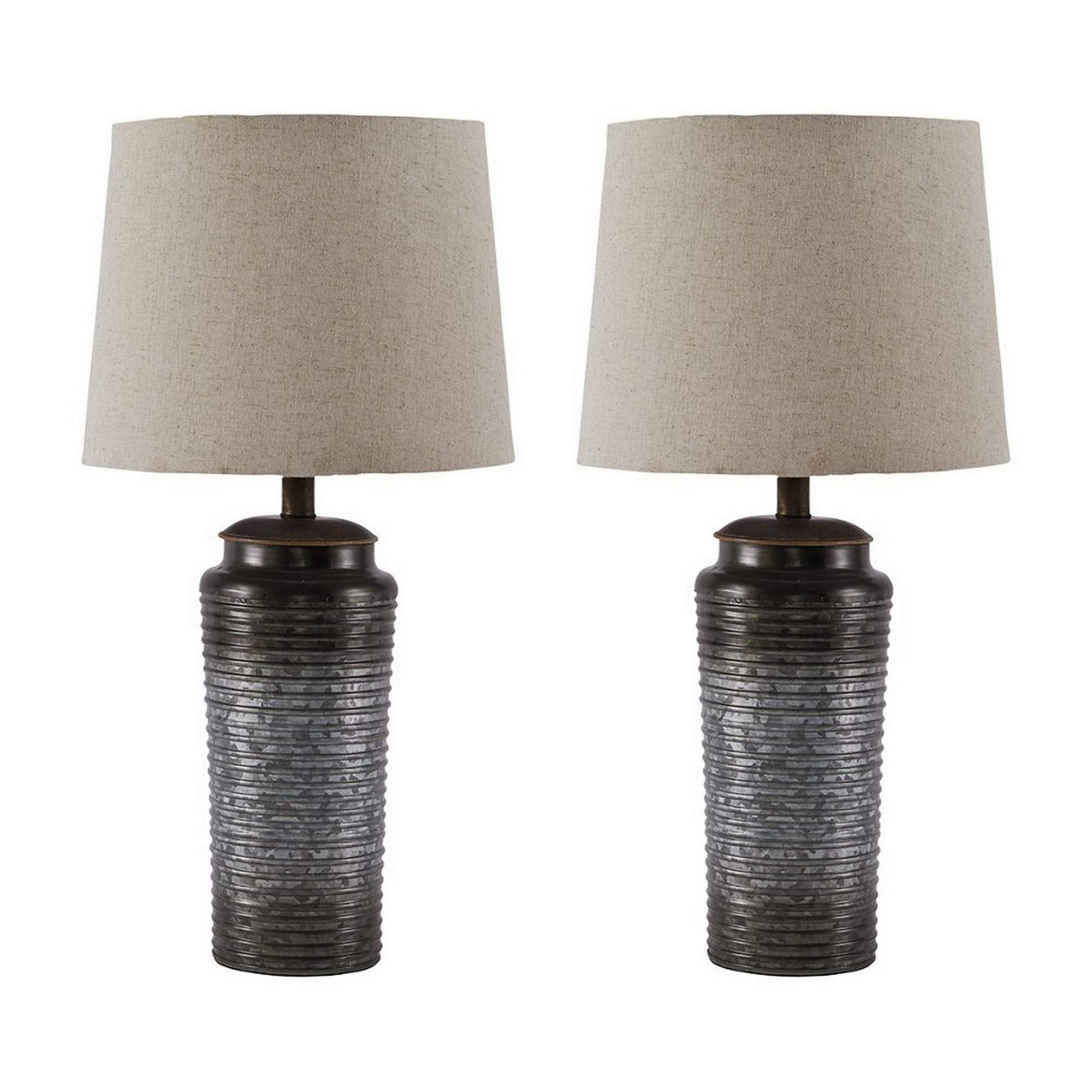 Benjara Ribbed Design Metal Body Table Lamp With Tapered Fabric Shade,Set Of 2, Gray