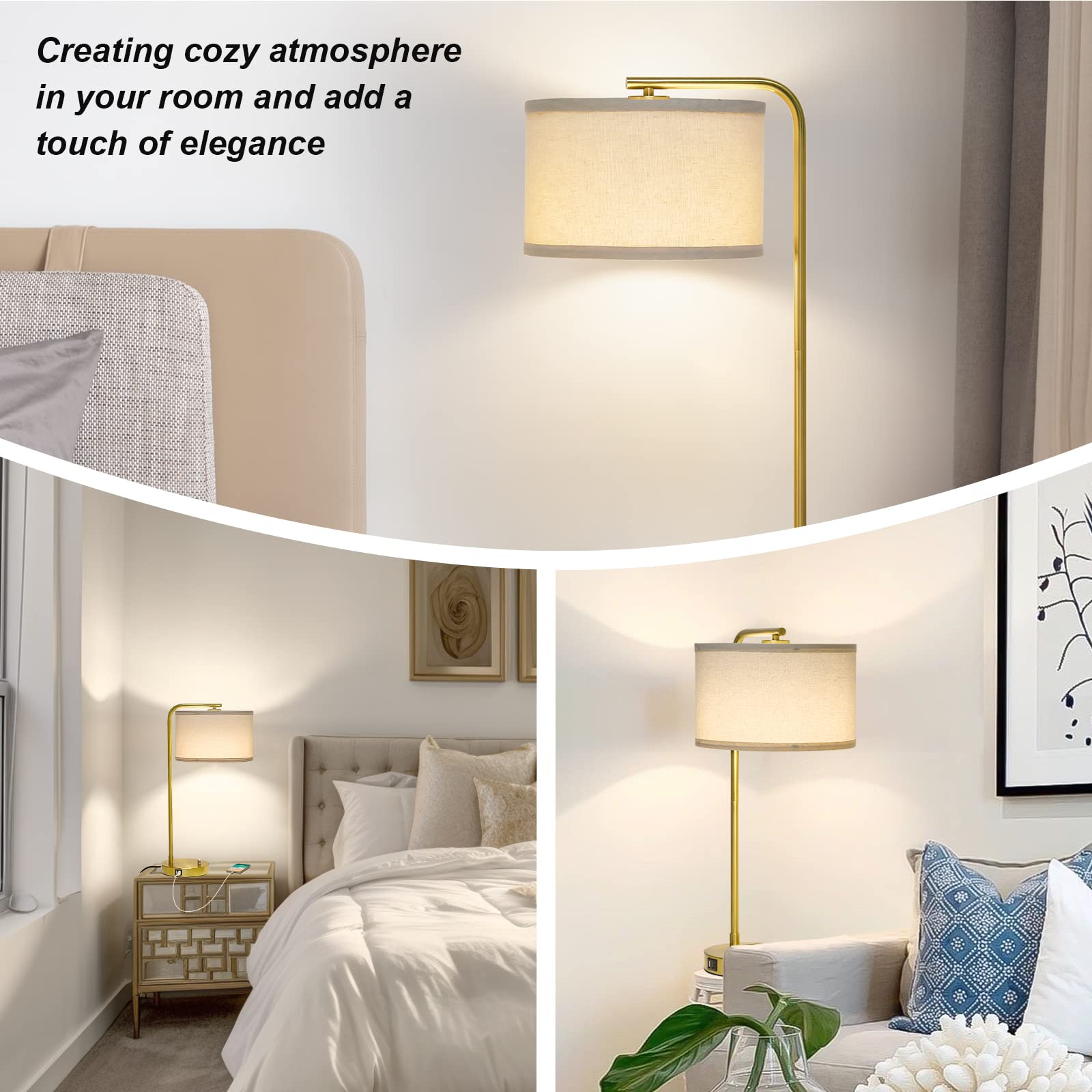 Fully Dimmable Bedside Lamp With Dual Usb Ports, Mordern Gold Nightstand Lamp Desk Reading Lamp With Beige Drum Shade, Tall Side