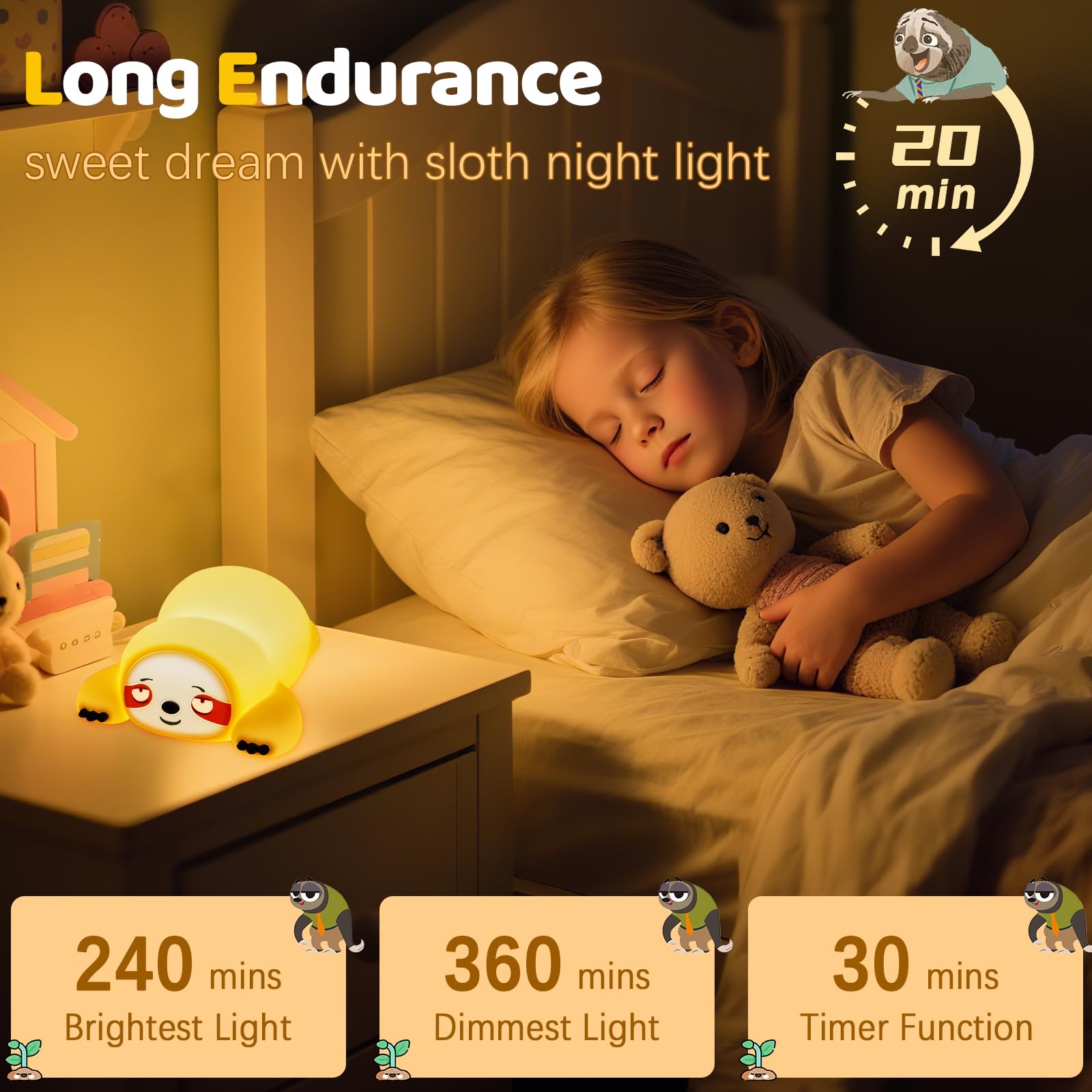 Yr Yrhh-Pet Cute Sloth Gifts Night Light  Funny Sloth Lamp  Rechargeable Squishy Dimmable Weird Nightlight  Led Novelty Animal Cute Stuff  Room Dorm D?Cor  Silicone Touch Light Up Sloth For Baby Kids