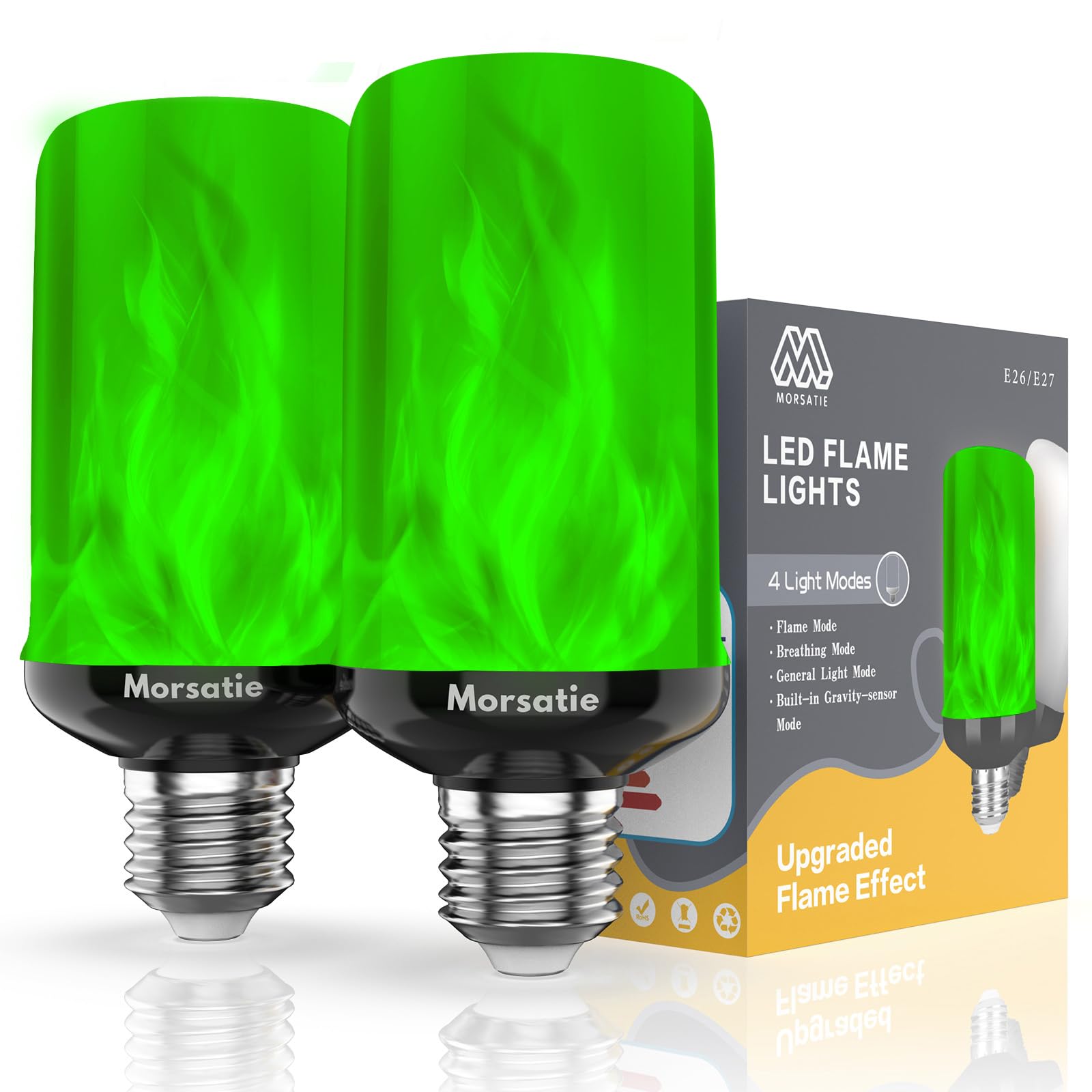 Morsatie LED Flame Light Bulbs, 4-Mode Flickering Effect, E26, Green, Model MSFLBB2-GREEN for Halloween & Christmas Decoration