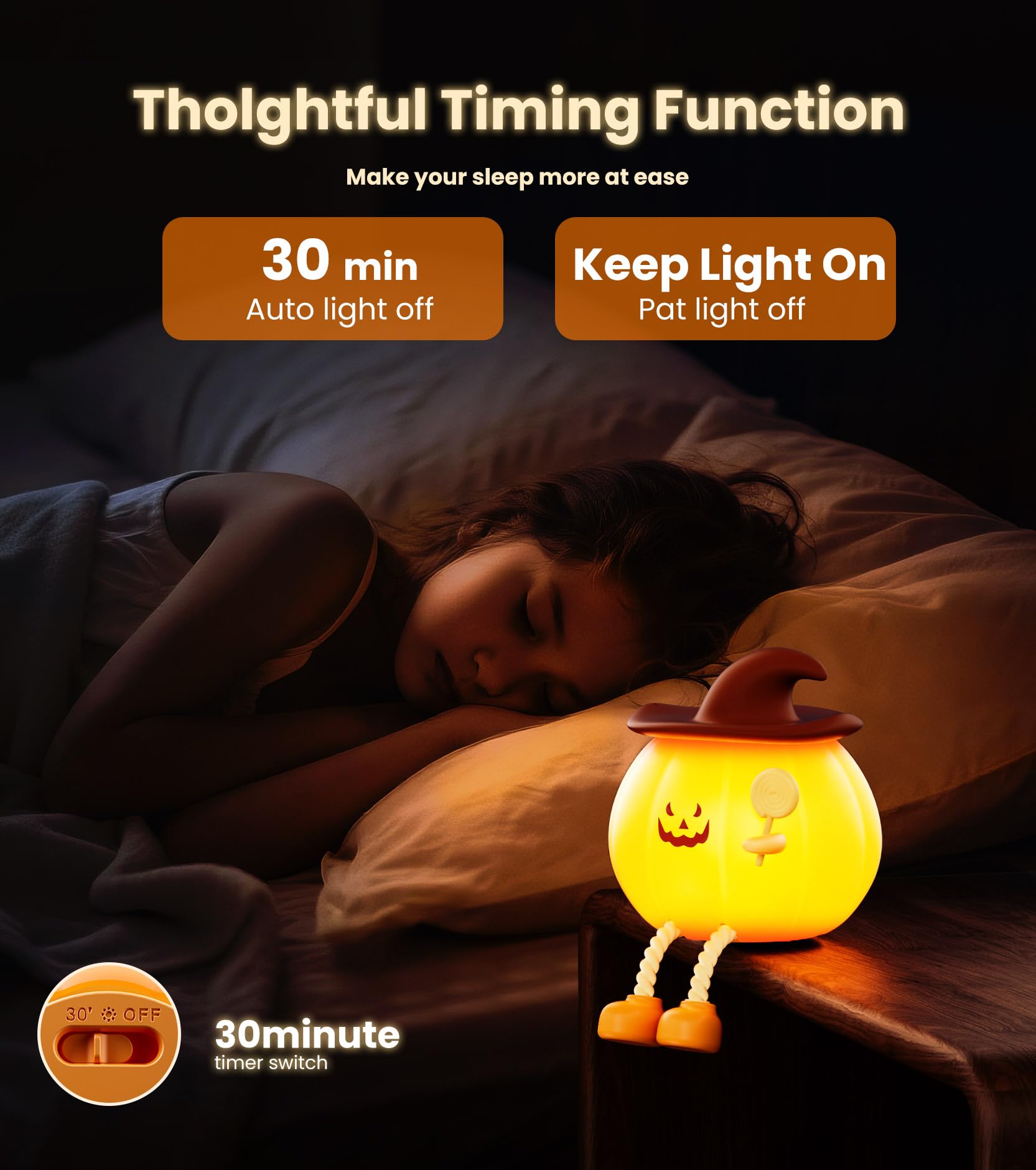CuieTuee Pumpkin Night Light, USB-Charged, Touch-Controlled, 3-Level Brightness, Small, Orange, Model: cuie-night light-us