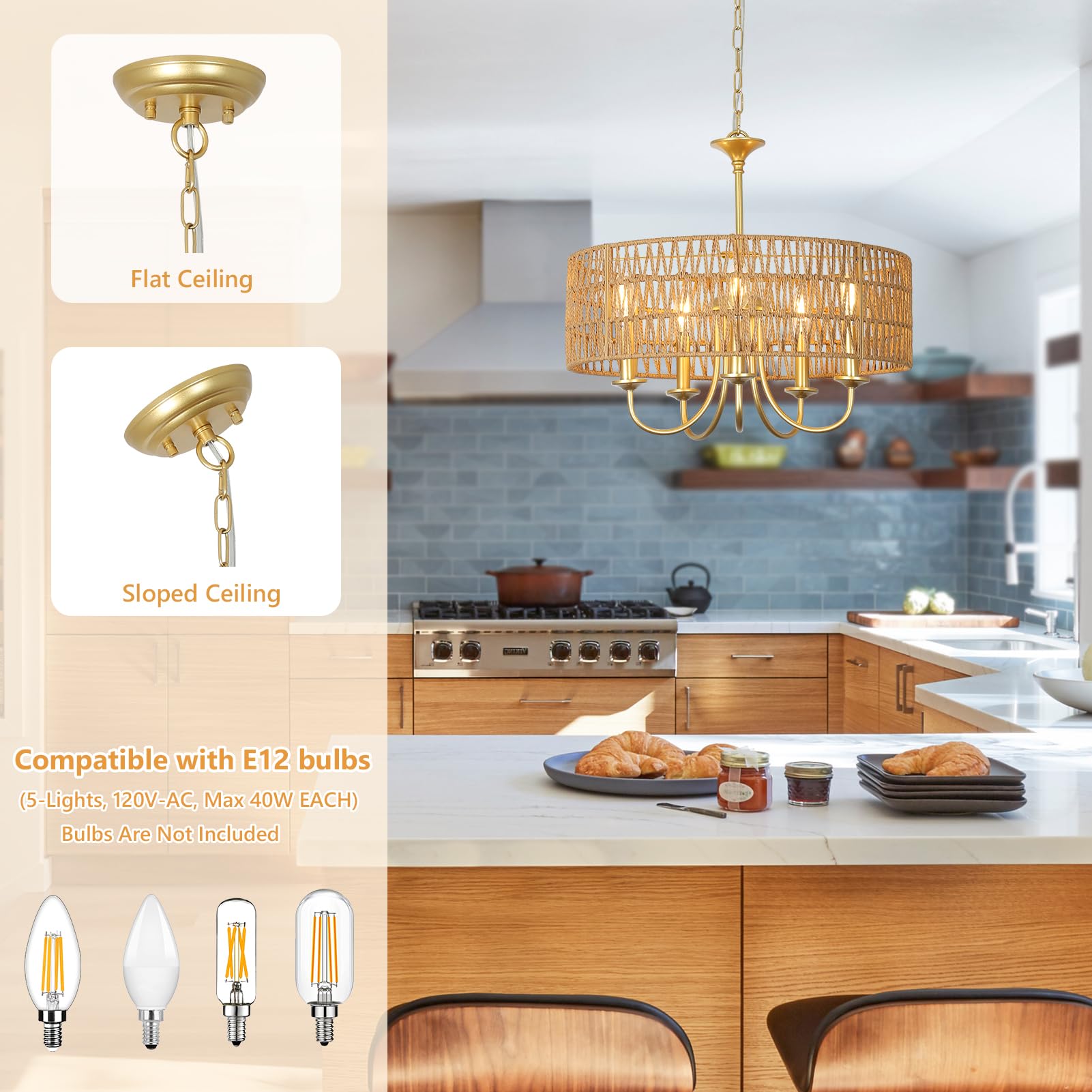 LAMSU Gold Rattan Chandelier Light Fixture, 5-Light Boho Pendant for Dining Room, Kitchen, Living Room, Bedroom, Model 230905C1