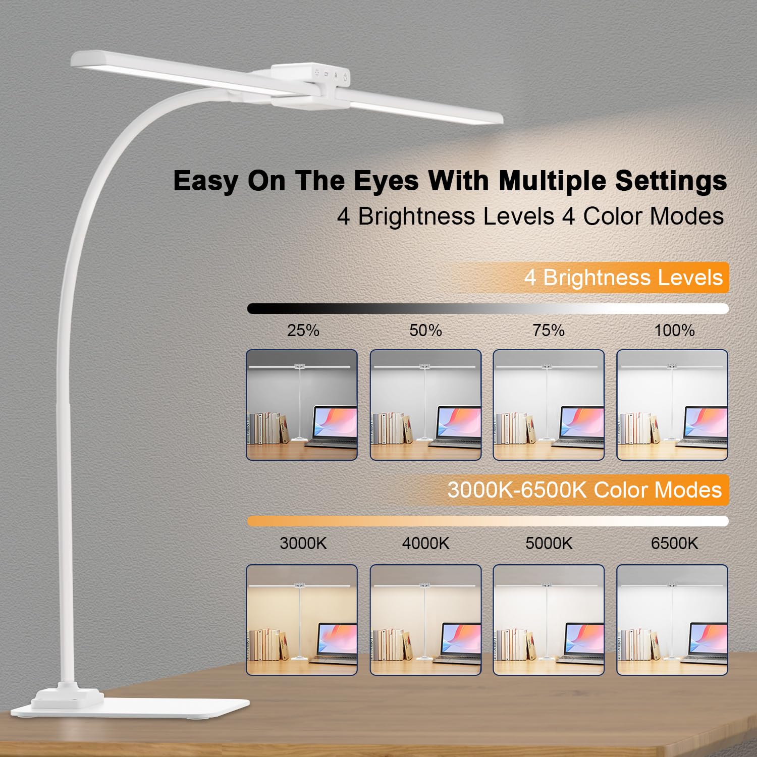 EppieBasic LED Desk Lamp - 12W Dimmable, 6 Color Modes, Modern White Aluminum Design for Home Office and Workbench