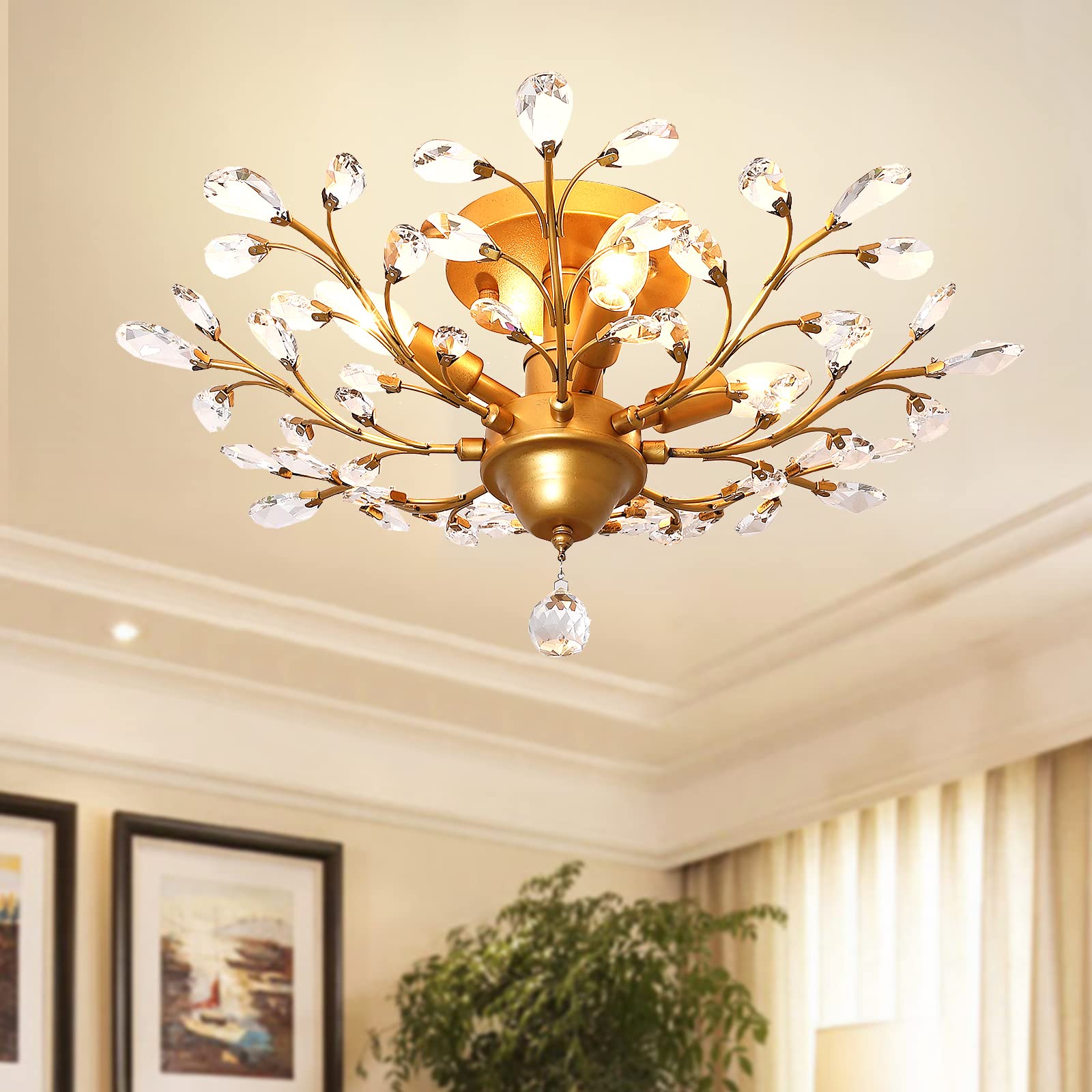 Ganeed Crystal Chandelier Pendant Light, 4-Light Vintage Ceiling Fixture, Gold Finish, Model GLM-XDD-4G