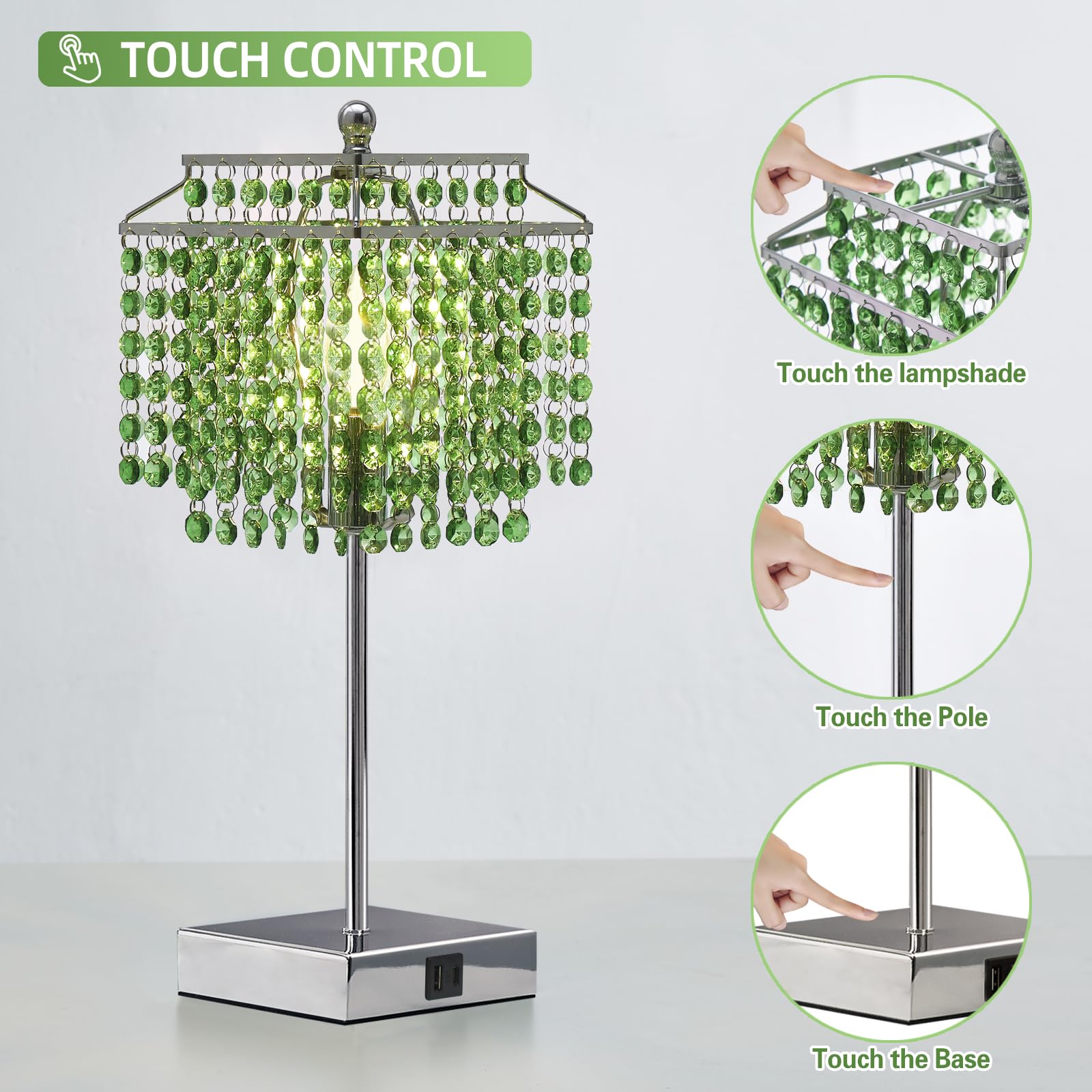 Luvkczc Crystal Table Lamp with Touch Control, 3-Way Dimmable, USB C+A Ports, Green, Model 1TL-71008-03, Acrylic Shade