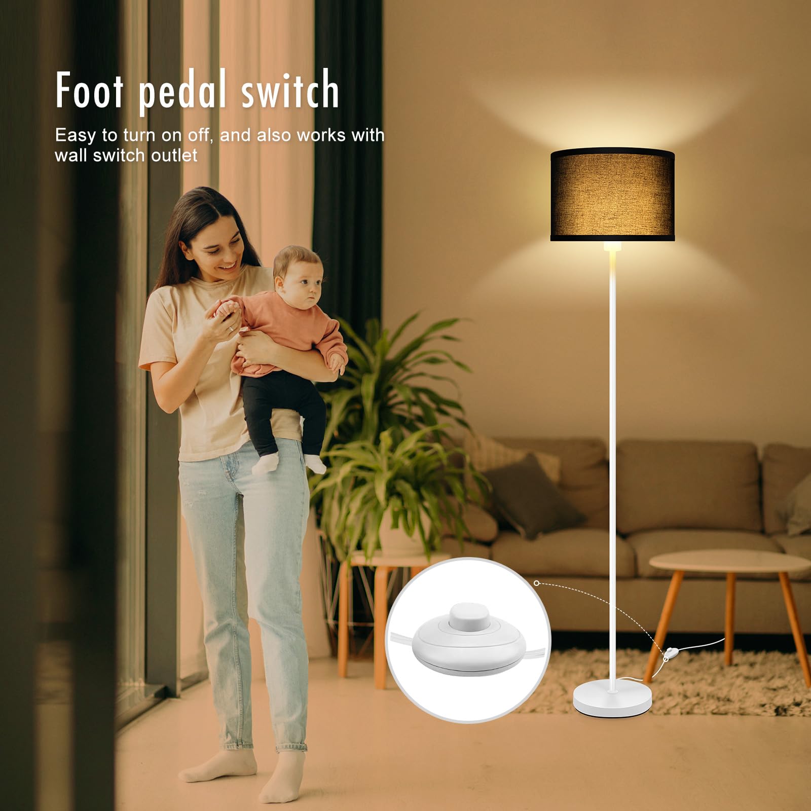 Floor Lamp White  Standing Lamp  58  Tall Floor Lamp With Black Lampshade  Foot Pedal Switch  Modern Bright Floor Lamps For Living Room/Bedroom/Classroom/Kids Room  White Lamp For Girls  Gift(No Bulb)