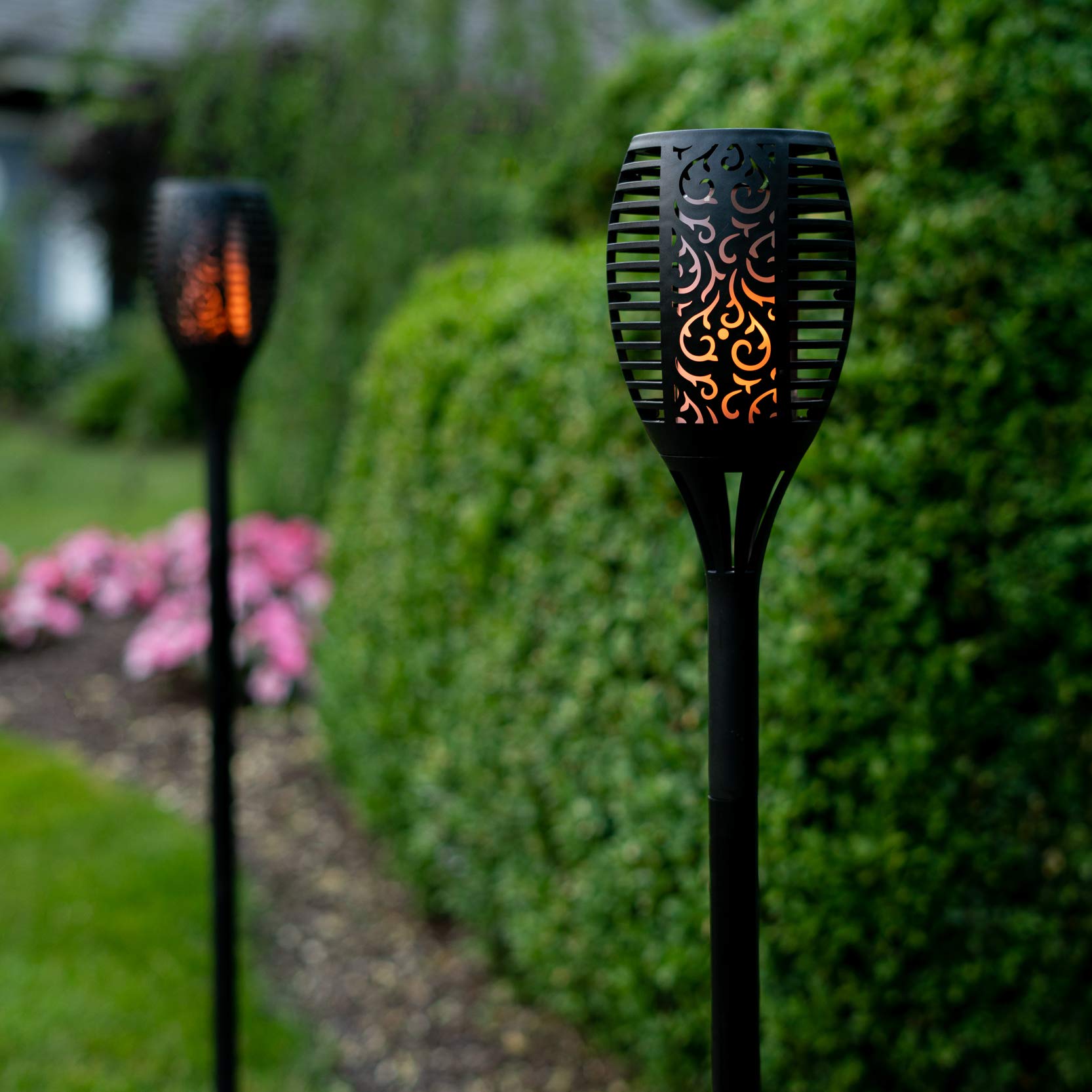 Solar LED Tiki Torch 3.8 Tall - Outdoor, Flickering Flames, Landscape Lights, Dusk to Dawn, Weather Resistant - for Lawn, Garde