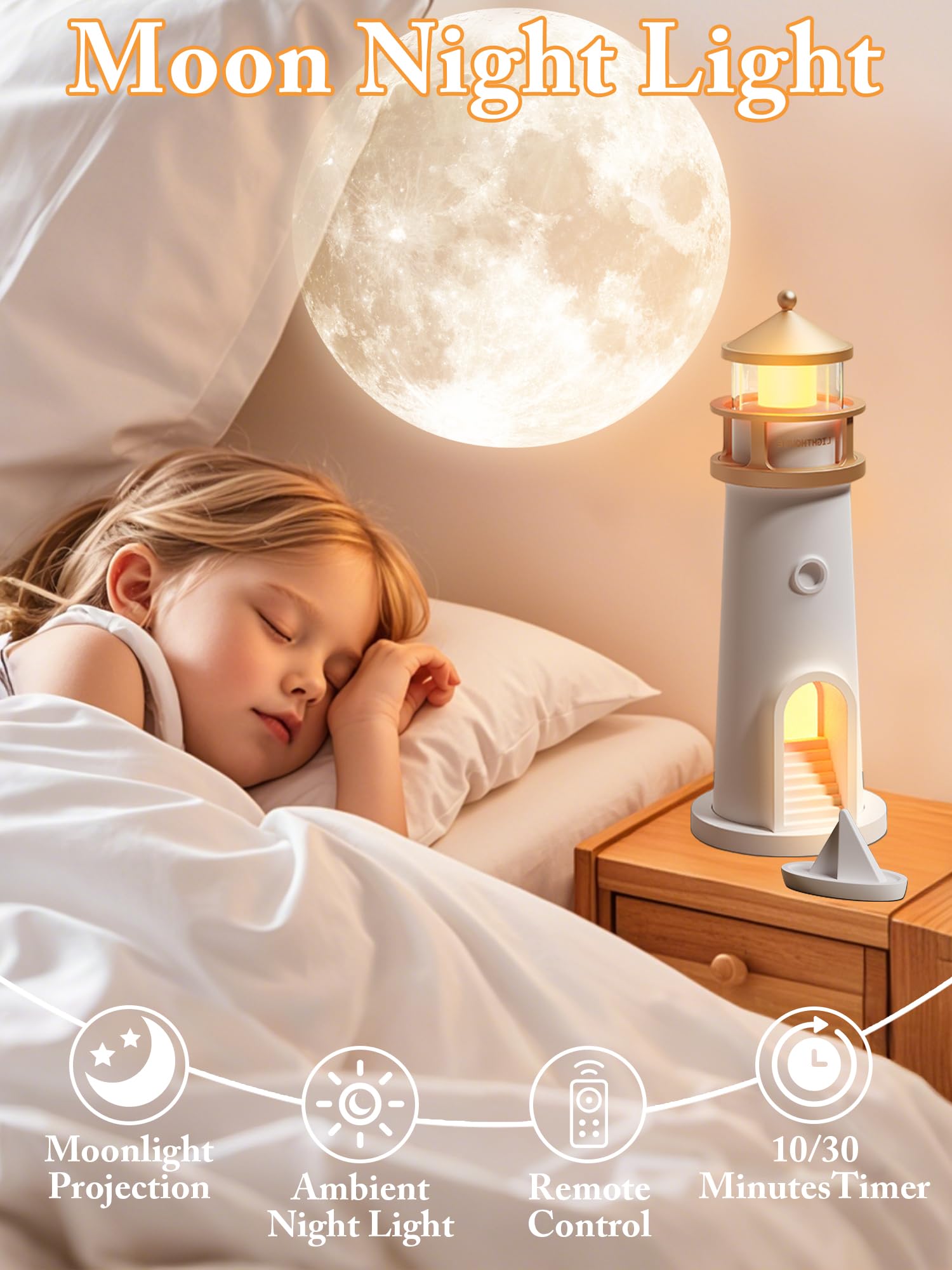 Moon Lamp Projector Night Light for Kids,Lighthouse Decor Lamps with Remote Control,LED Aesthetic Table Lamp,Rechargeable Moon L
