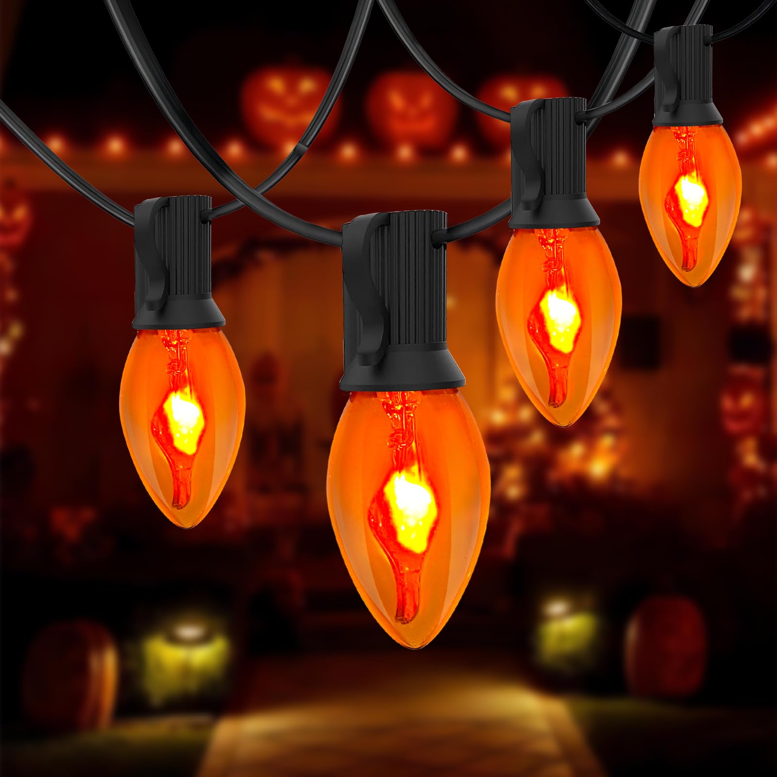 Orange Halloween Lights, 25Ft C7 Outdoor Flickering Flame String Lights With 25 Bulbs, Plug-in Decorations for Indoor/Outdoor Pa