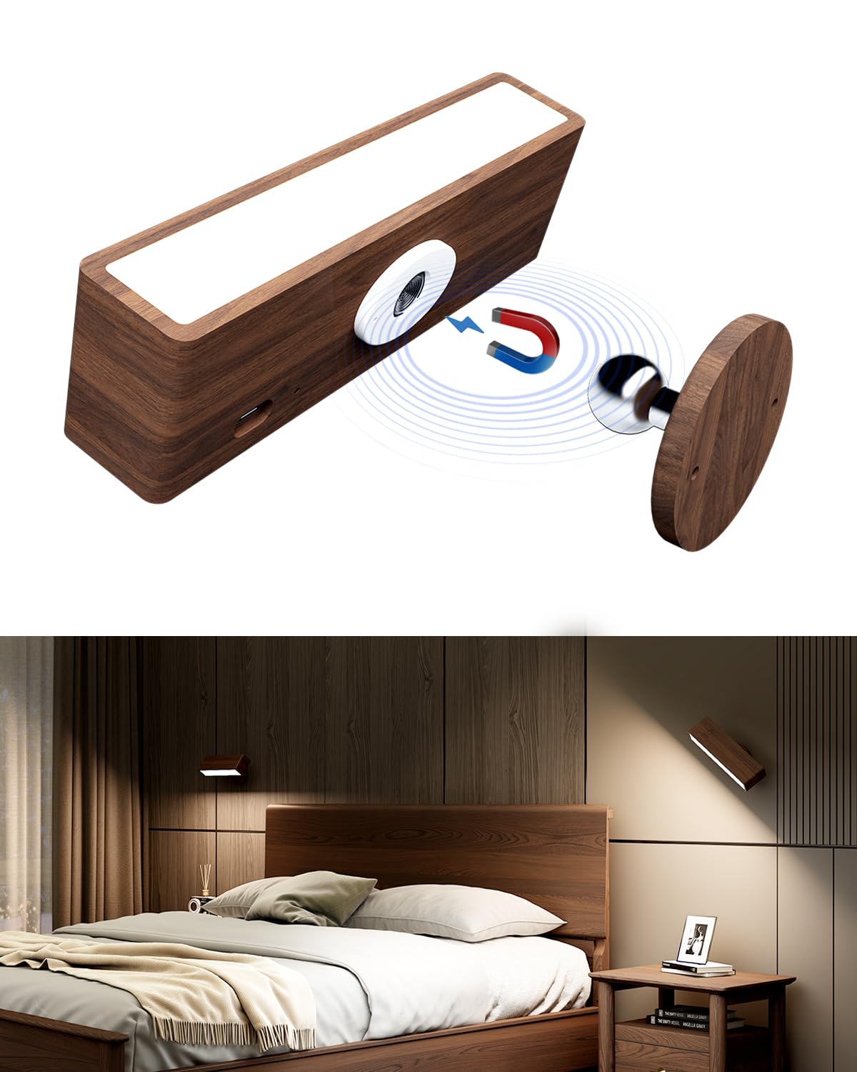Yilaie Battery Operated Wall Lights,Walnut Wireless Wall Sconce For Bedroom,Rechargeable Wall Lights Cordless,Bedside Battery Wa