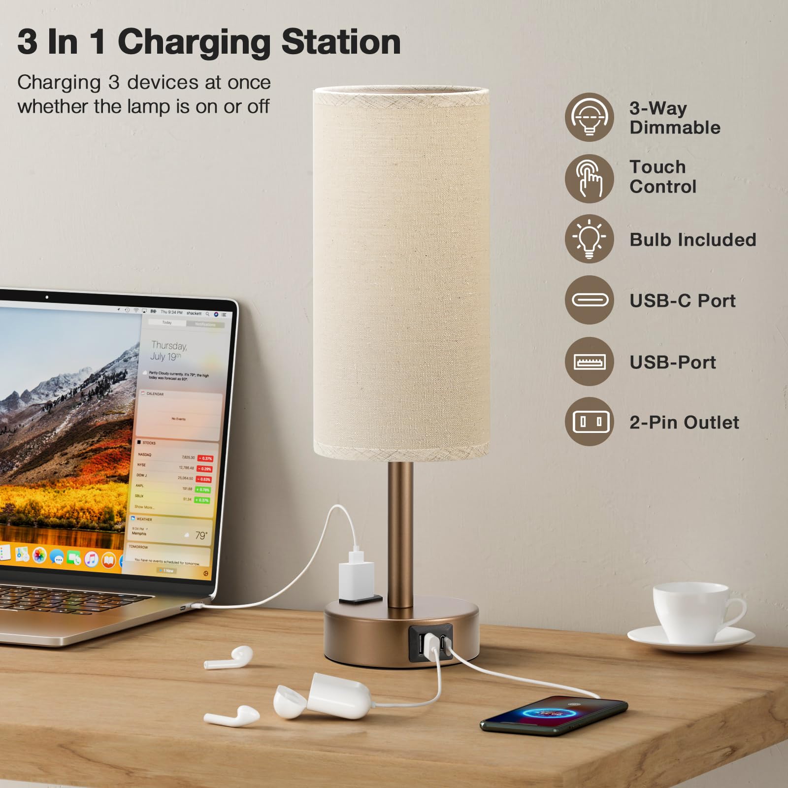 Fenmzee Brown Bedside Table Lamp For Bedroom - 3 Way Dimmable Touch Lamp Usb C Charging Ports And Ac Outlet, Small Lamp Round Fl