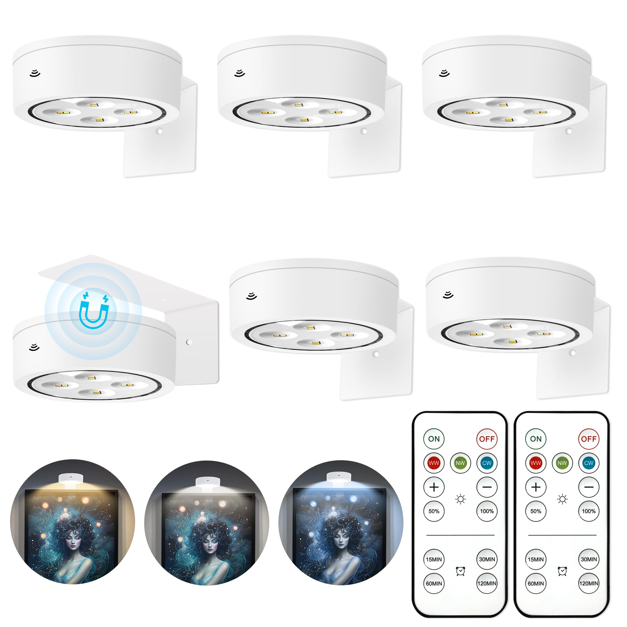 6Pcs Picture Light Battery Operated, Magnetic Led Painting Light with Remote Dimmable and Timer, 3 Lighting Modes Art Display Li