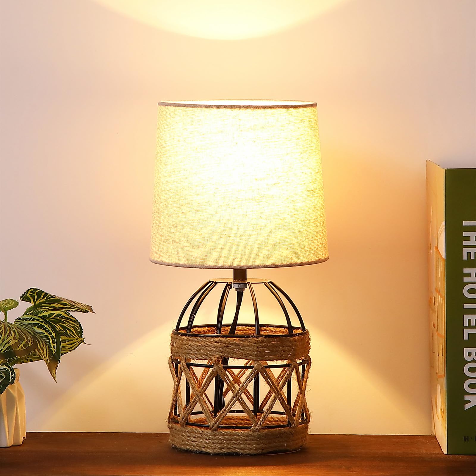 Boho Table Lamp for Bedroom, Small Bedside Lamp with Rattan Metal Cage Base and Linen Shade, Nightstand Lamp for Living Room, Fa