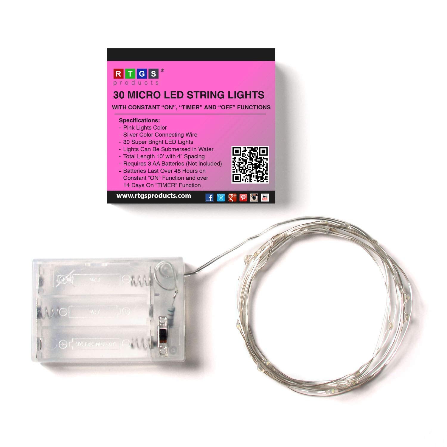 Rtgs 30 Leds Pink Color String Lights Silver Wire Indoor And Outdoor 9.5 Feet Firefly Starry Fairy Lights Battery Powered For Diy, Christmas, Holidays, Party, Bedroom And Centerpieces